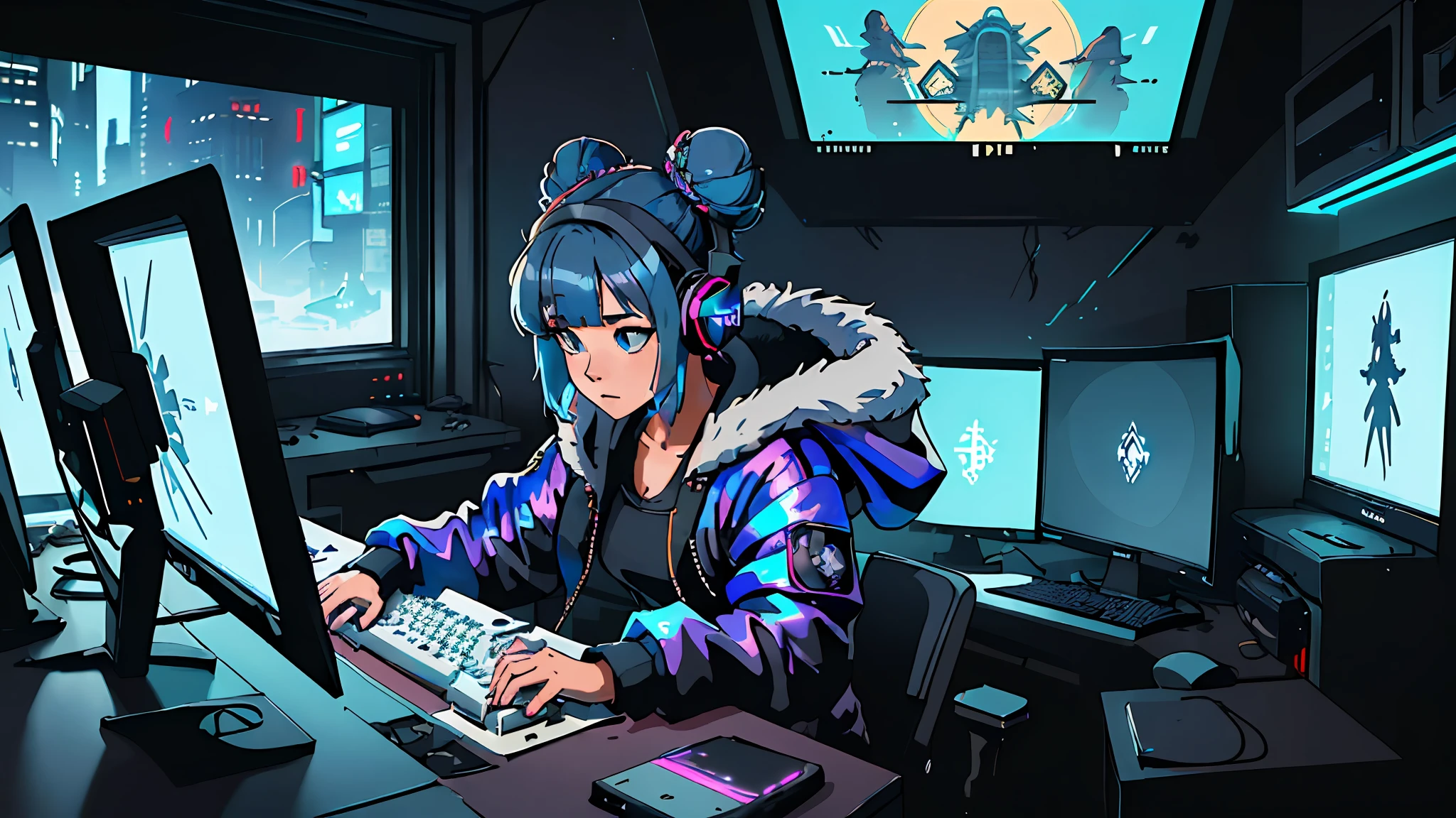 masterpiece, best illustration, solo, 1girl, sitting, blue hair bun, keyboard\(computer\), fur trim, computer, monitor, hood, jacket, hood down, chair, headphones, city, double bun, instrument, cyberpunk, \(\(intricate details \)\),colorful details, iridescent colors BREAK,\(\(masterpiece better quality\)\),4k,ultra detailed,detailed lighting,\(\(inspired by Hayao Miyazaki\)\),official art,promotional art,composition,