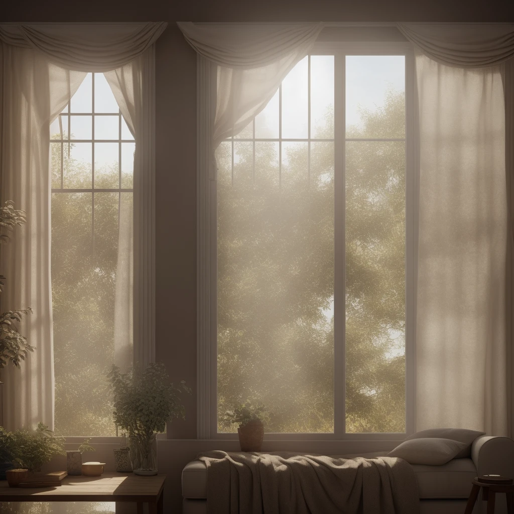 there is a couch in front of a window with curtains, natural window lighting, soft window light, atmospheric render, detailed natural lighting, natural light in room, natural light window, soft light from the window, soft glowing windows, realistic afternoon lighting, realistic windows, cinematic morning light, sunlight through windows, soft natural volumetric lighting, sunlit windows