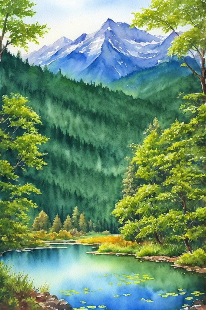 (extremely detailed and beautiful watercolor painting) with a (serene forest) and (majestic mountain) background, featuring (a small pond) and the sound of (birds chirping).