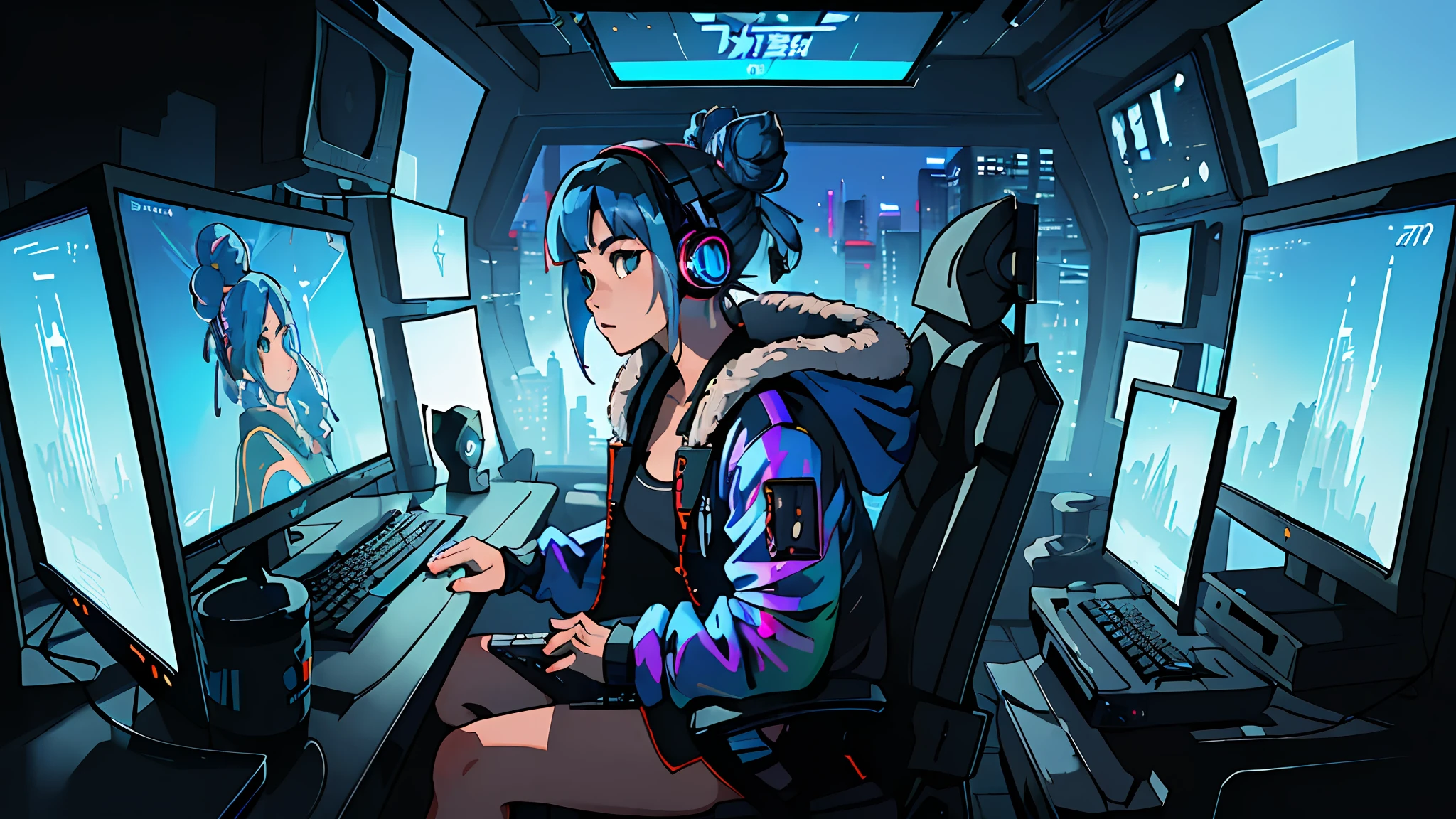 masterpiece, best illustration, solo, 1girl, sitting, blue hair bun, keyboard\(computer\), fur trim, computer, monitor, hood, jacket, hood down, chair, headphones, city, double bun, instrument, cyberpunk, \(\(intricate details \)\),colorful details, iridescent colors BREAK,\(\(masterpiece better quality\)\),4k,ultra detailed,detailed lighting,\(\(inspired by Hayao Miyazaki\)\),official art,promotional art,composition,