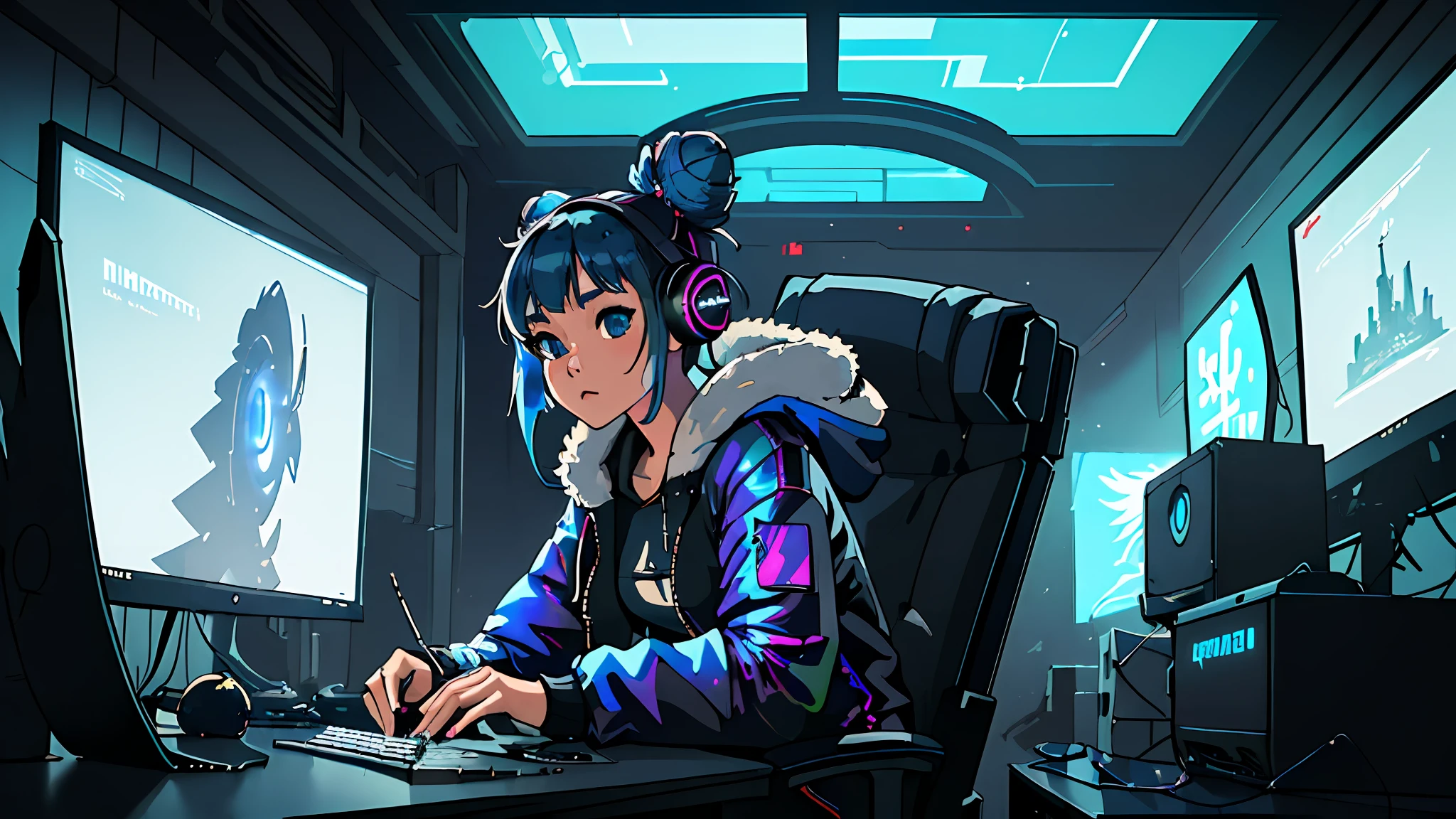 masterpiece, best illustration, solo, 1girl, sitting, blue hair bun, keyboard\(computer\), fur trim, computer, monitor, hood, jacket, hood down, chair, headphones, city, double bun, instrument, cyberpunk, \(\(intricate details \)\),colorful details, iridescent colors BREAK,\(\(masterpiece better quality\)\),4k,ultra detailed,detailed lighting,\(\(inspired by Hayao Miyazaki\)\),official art,promotional art,composition,