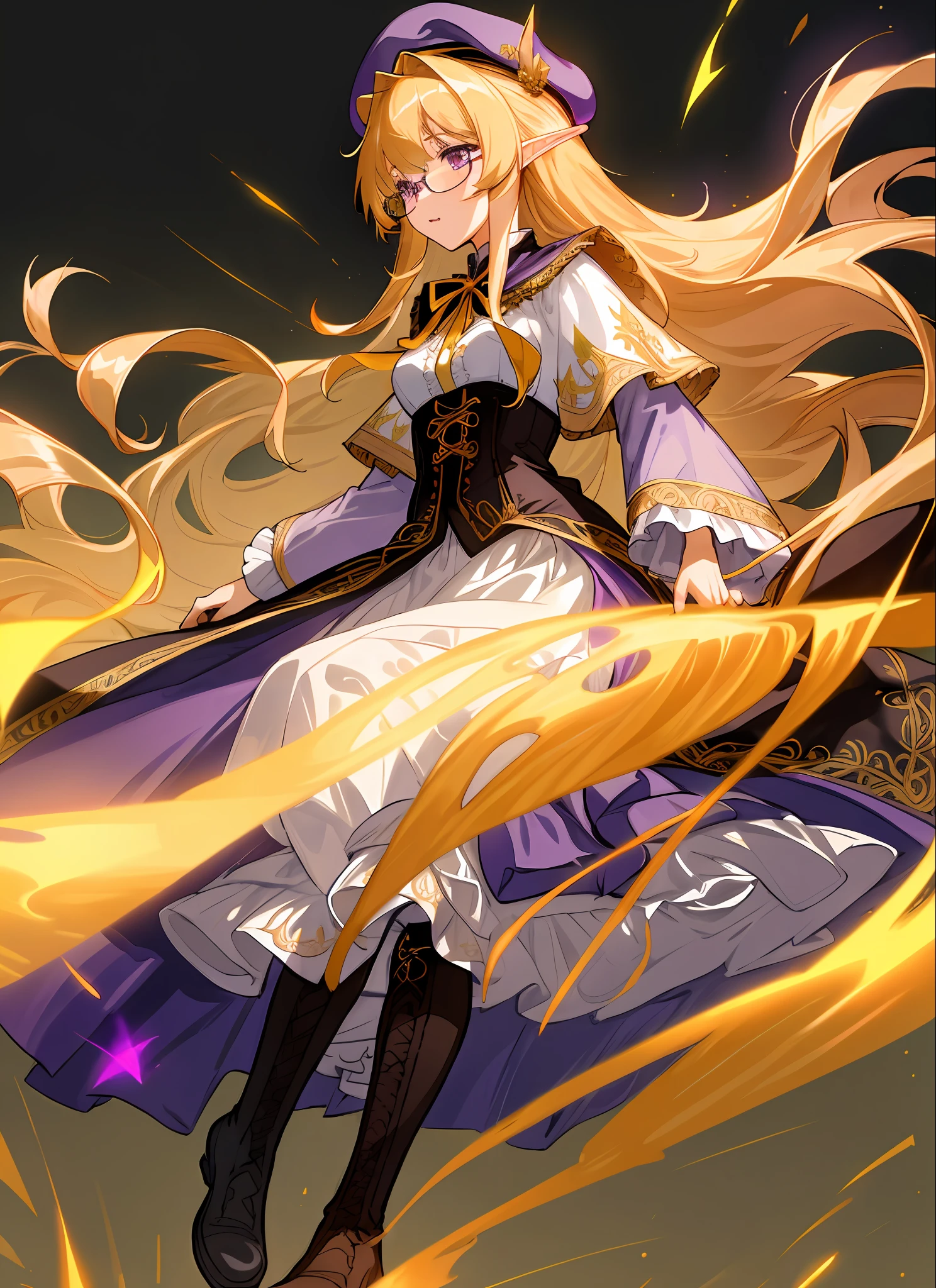 ((extremely detailed CG unity 8k wallpaper)), masterpiece, ultra-detailed, floating, high resolution, (small breasts, slender, "absurdly long golden hair with bangs tied low with a ribbon", purple eyes, glasses, wizard, elf ears, princess, ("ornate layered purple corset dress with gold embroidery and long open sleeves with a long skirt and petticoat"), beret, cloak, riding boots,