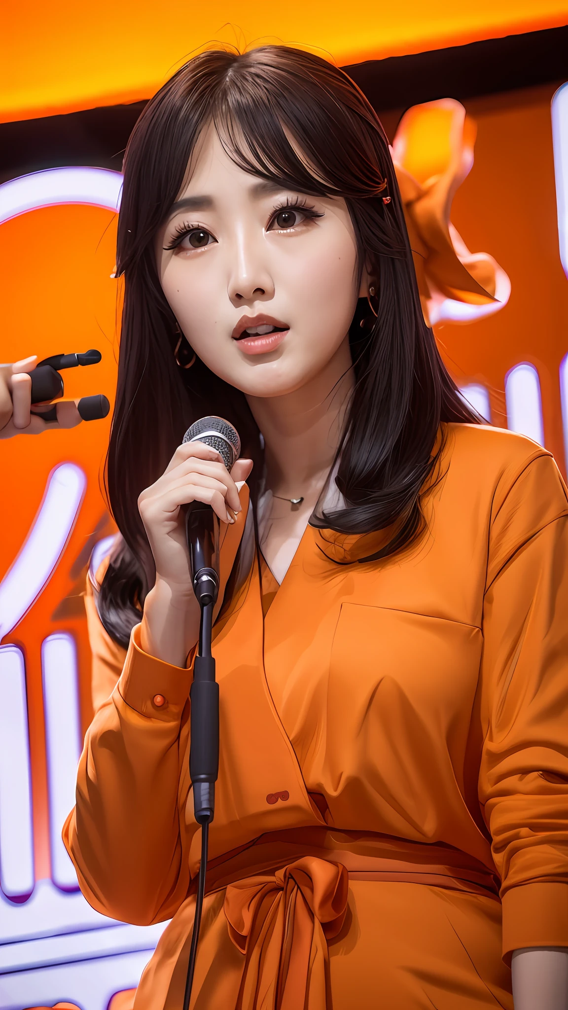 Araffe woman in orange dress holding microphone, Korean female idol, Canon EOS R 6, Canon EOS R 5, Canon EOS R5, Canon EOS R5, Nikon Z9, Korean Idol, Sony Alpha 9, Hwang Se-ON