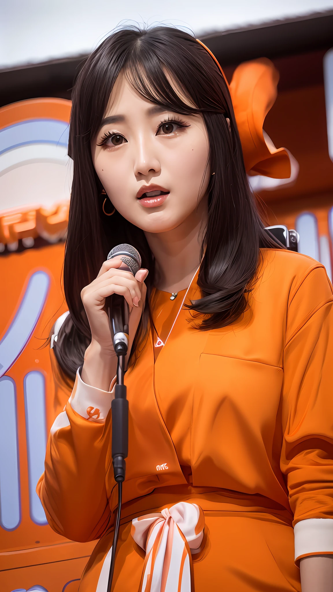 Araffe woman in orange dress holding microphone, Korean female idol, Canon EOS R 6, Canon EOS R 5, Canon EOS R5, Canon EOS R5, Nikon Z9, Korean Idol, Sony Alpha 9, Hwang Se-ON