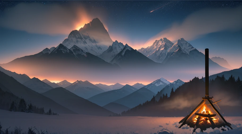 tooth forest with mountains in the background, center of image with campfire coming out smoke, ambient lighting, dynamic lights, detailed smokescozy weather, cozy, night weather, starry sky, moonlight, anime style, anime, Ghibli-like colours, HD, high quality, high details, super detail, masterpiece