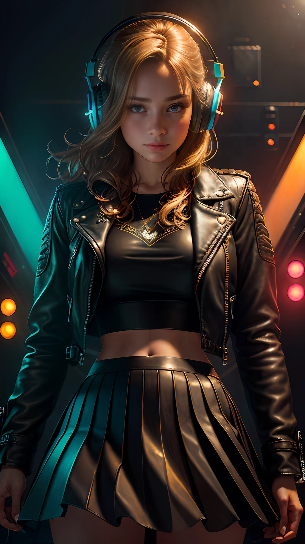 Best quality, realistic, realistic, award-winning illustration, (complicated detail: 1.2), (fine detail), (complicated detail), (cinematic lights, best quality backlight), sharp lines, sharp focus, official art, unit 8k wallpaper, absurd, unbelievably absurd, huge file size, ultra- (in_main_street:1.21), (neon lamp), fantasy art, rtx,((closeup triangle photo from award-winning studio)), 1girl, wonderful, (shut up), small breasts, beautiful detailed eyes, Perfect Face, (top, leather jacket, Martin boots),(headphones_around_neck),(headphones_around_hair),((pleated skirt) ), ((supermodel pose)),