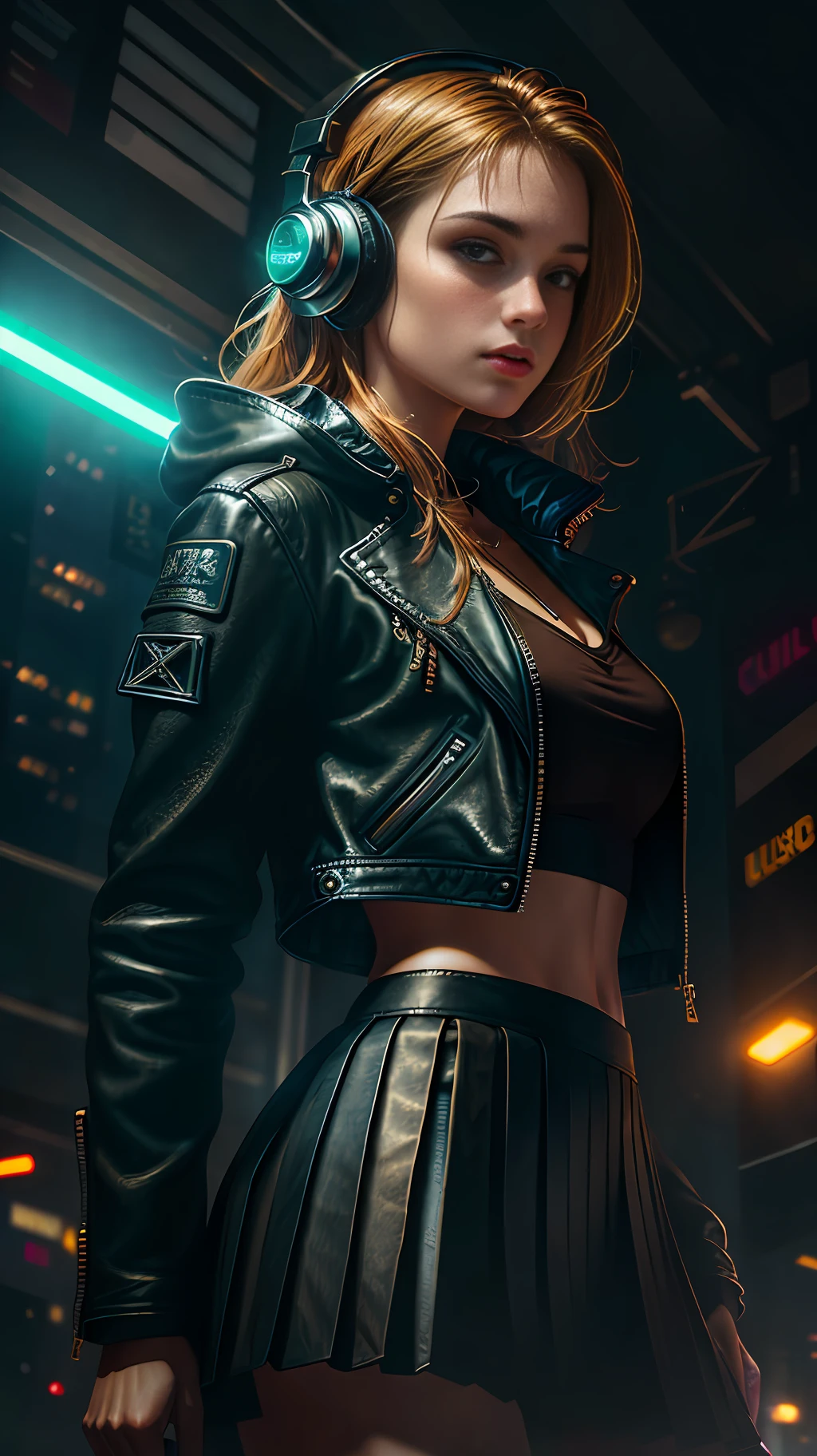 Best quality, realistic, realistic, award-winning illustration, (complicated detail: 1.2), (fine detail), (complicated detail), (cinematic lights, best quality backlight), sharp lines, sharp focus, official art, unit 8k wallpaper, absurd, unbelievably absurd, huge file size, ultra- (in_main_street:1.21), (neon lamp), fantasy art, rtx,((closeup triangle photo from award-winning studio)), 1girl, wonderful, (shut up), small breasts, beautiful detailed eyes, Perfect Face, (top, leather jacket, Martin boots),(headphones_around_neck),(headphones_around_hair),((pleated skirt) ), ((supermodel pose)),
