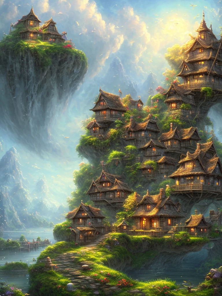 a painting of a house on a floating island with a bridge, 4k highly detailed digital art, 4k detailed digital art, 8k vertical wallpaper, 8 k vertical wallpaper, 4 k vertical wallpaper, 4k vertical wallpaper, 8k high quality detailed art, 4 k hd illustrative wallpaper, 8k stunning artwork, incredibly high detailed