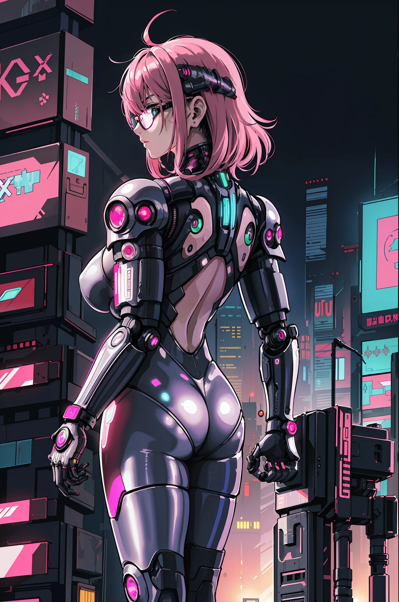 1girl, close-up, intricate details, (cyberpunk:1.4), (from behind), mechanical arms, glasses, messy hair, (shiny neon armor:1.2), machines, black background, big breasts, pink hair, curvy girl but fit, a gun in her hand, bots, drones, cars