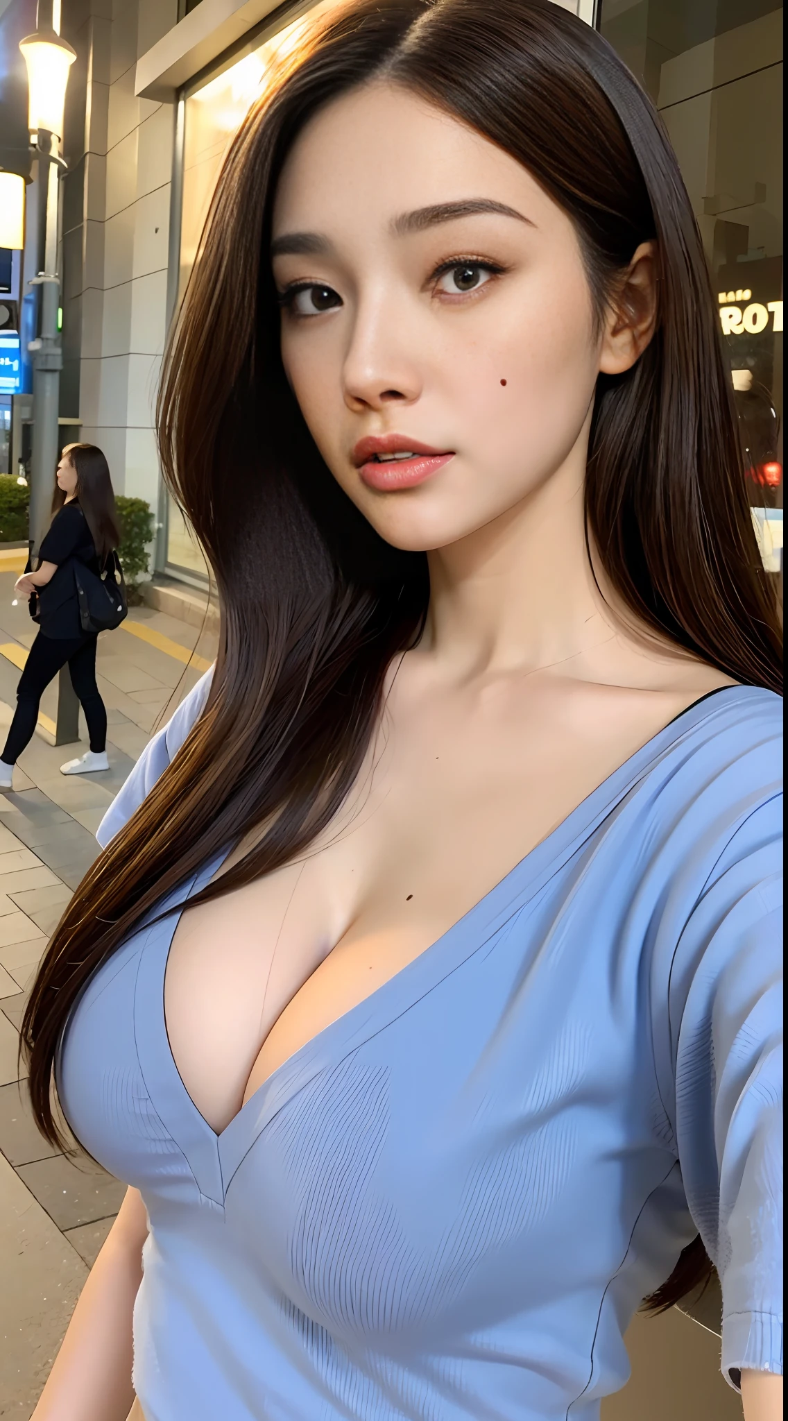 ((Best quality, 8k, Masterpiece: 1.3)), Full body, Sharp focus: 1.2, A pretty woman with a perfect figure: 1.4, Thin abs: 1.2, ((Dark brown hair, Big breasts: 1.2)), Long T-shirt up: 1.1, (Low light, On the street: 1.1), Very detailed texture of face and skin, Detailed eyes, Double eyelid, Big breast, mole on the chest,