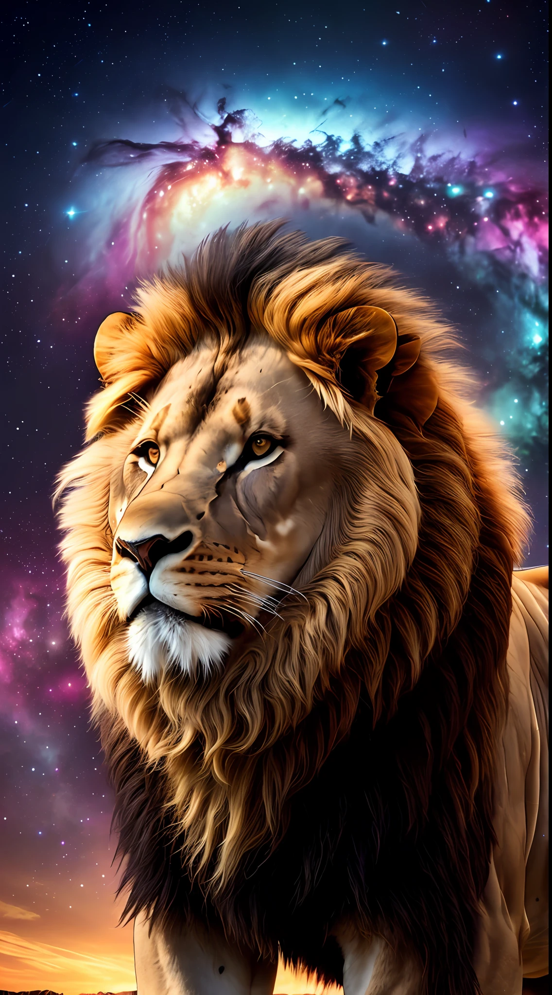 (large imposing realistic lion, living nebula), full body, night sky, Milky Way, bright stars, strong contrast, bright and vivid eyes, ultra realistic, quality