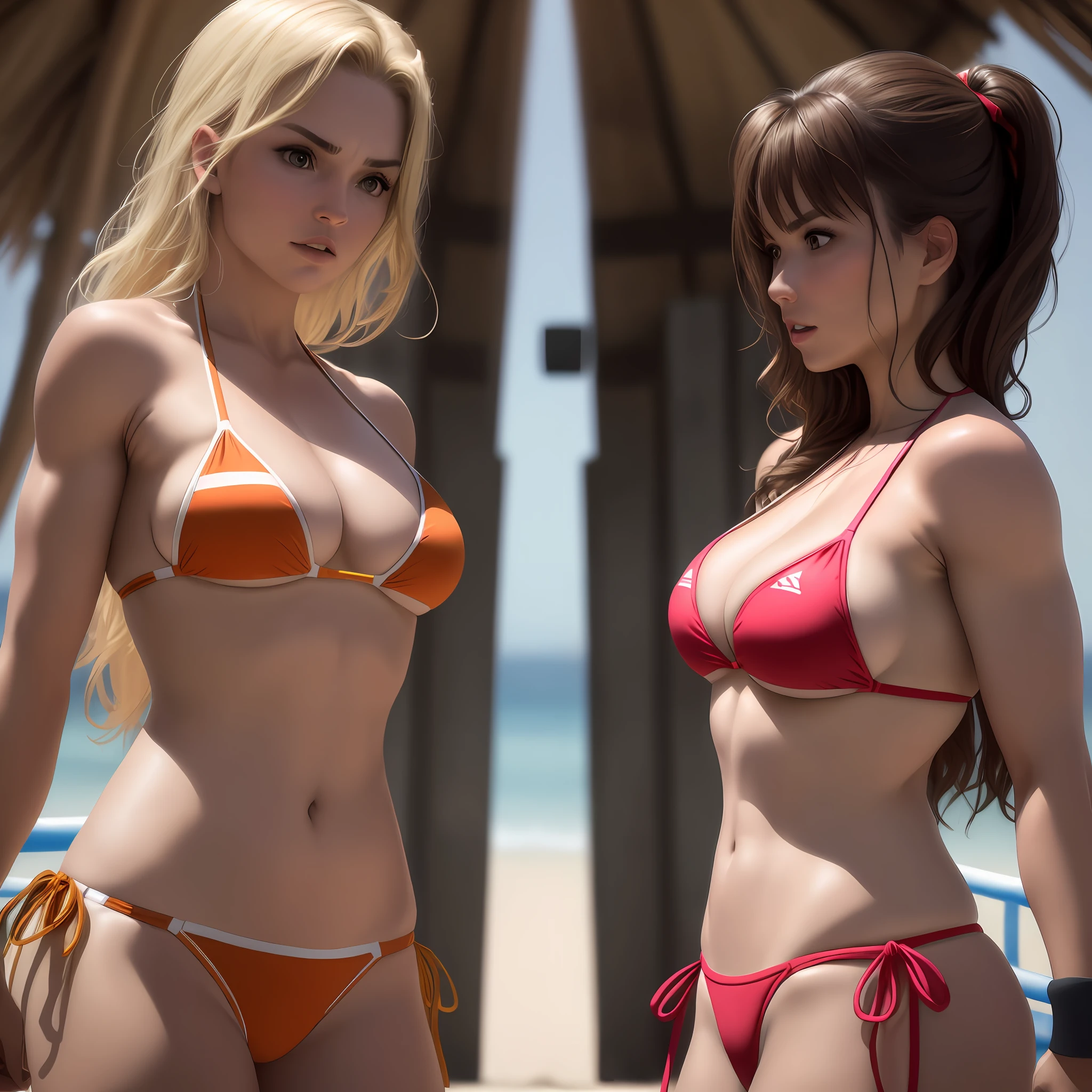 Two bikini women glaring at each other on the ring, rival, rugged, close range