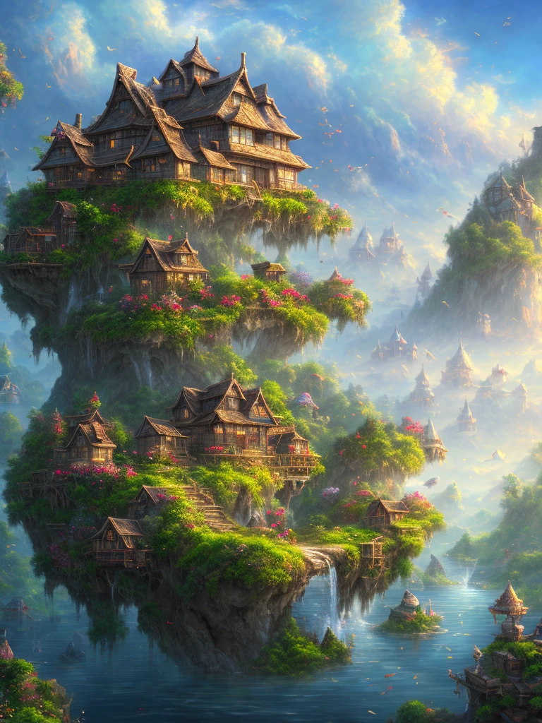 a painting of a house on a floating island with a bridge, 4k highly detailed digital art, 4k detailed digital art, 8k vertical wallpaper, 8 k vertical wallpaper, 4 k vertical wallpaper, 4k vertical wallpaper, 8k high quality detailed art, 4 k hd illustrative wallpaper, 8k stunning artwork, incredibly high detailed