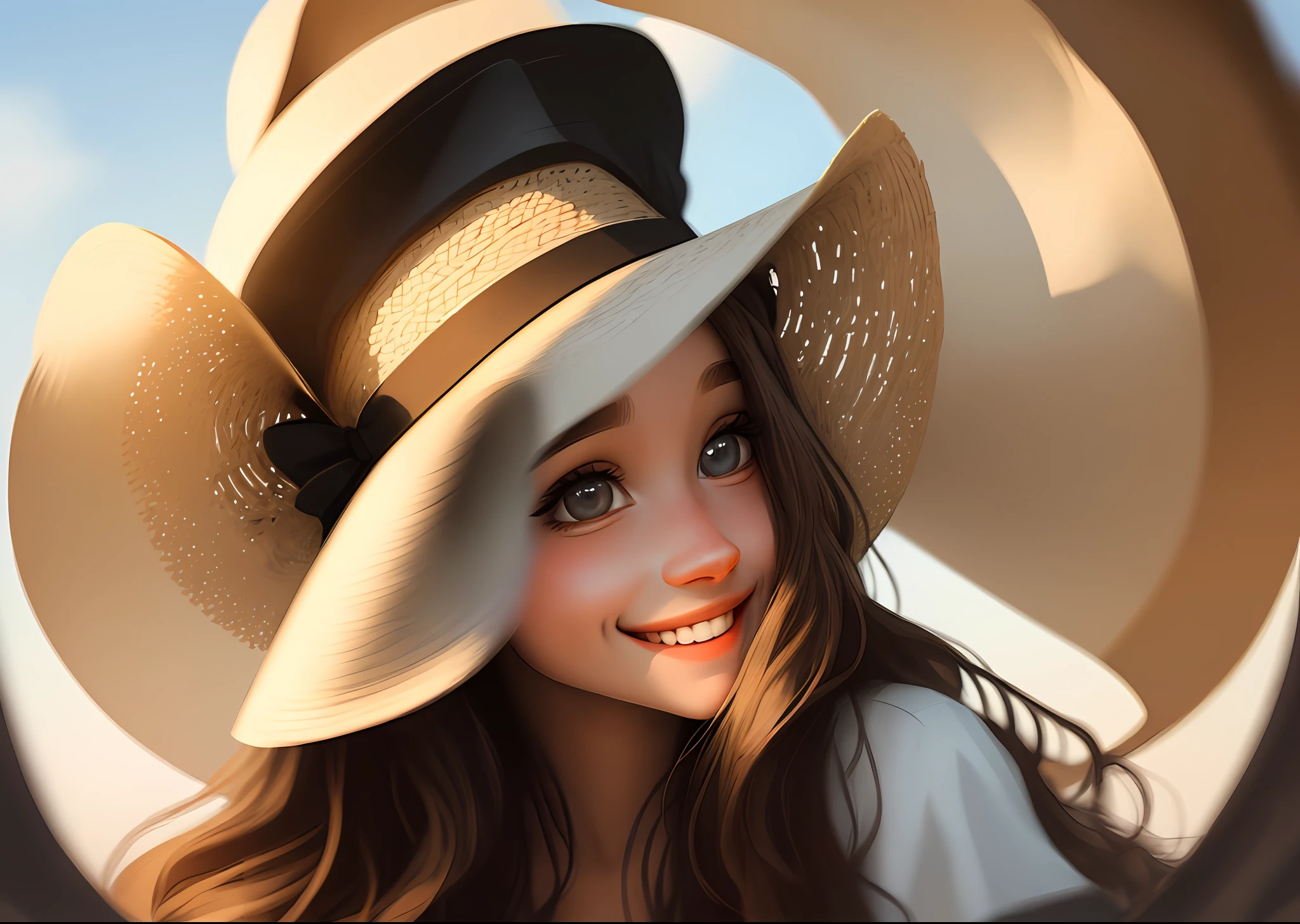 Smiling girl with beautiful long hair and wearing a hat, you can see her gentle beautiful eyes, masterpiece, best quality, freehand, HD, 4k