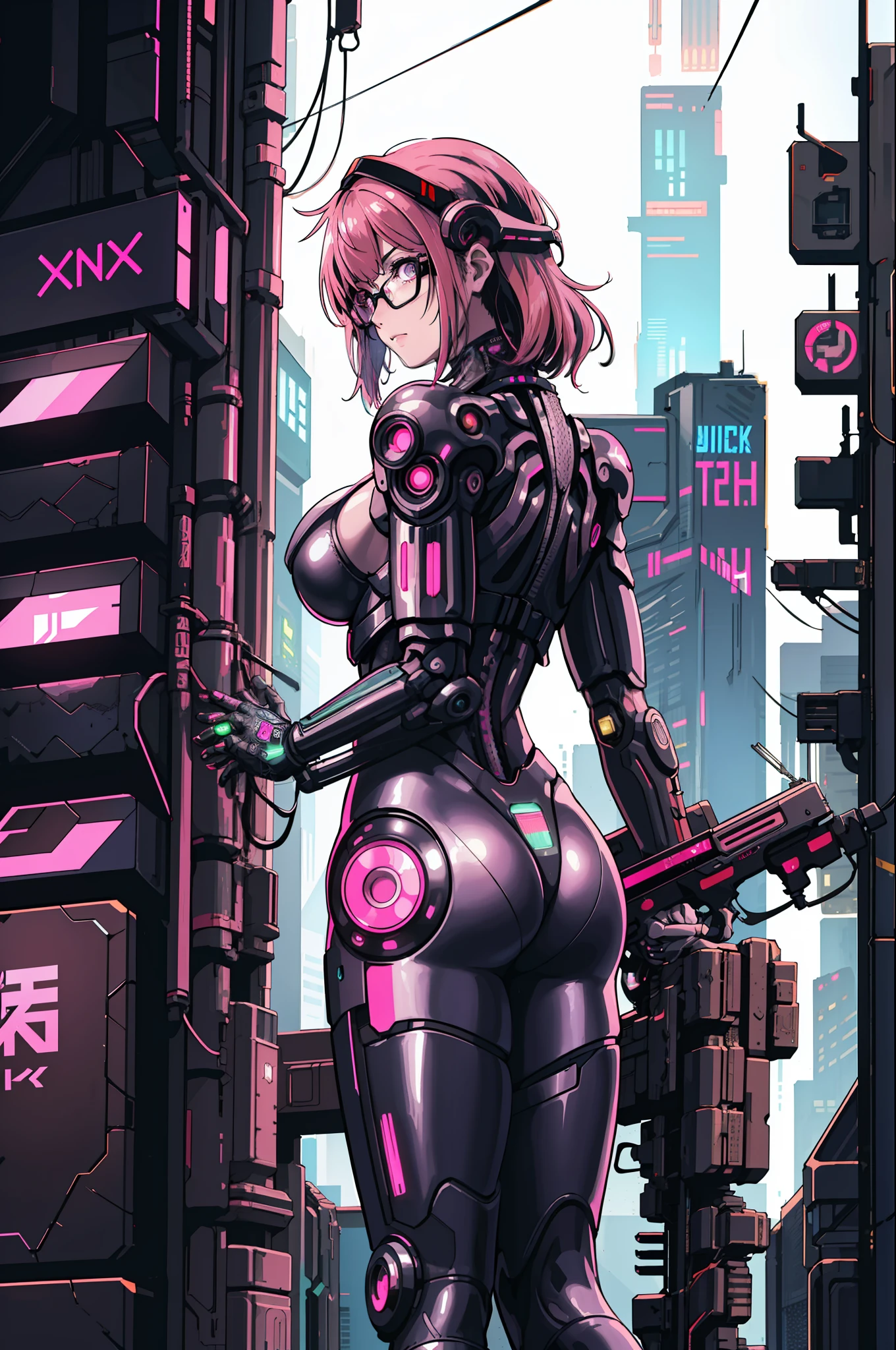 1girl, close-up, intricate details, (cyberpunk:1.4), (from behind), mechanical arms, glasses, messy hair, (shiny neon armor:1.2), machines, black background, big breasts, pink hair, curvy girl but fit, a gun in her hand, bots, drones, cars