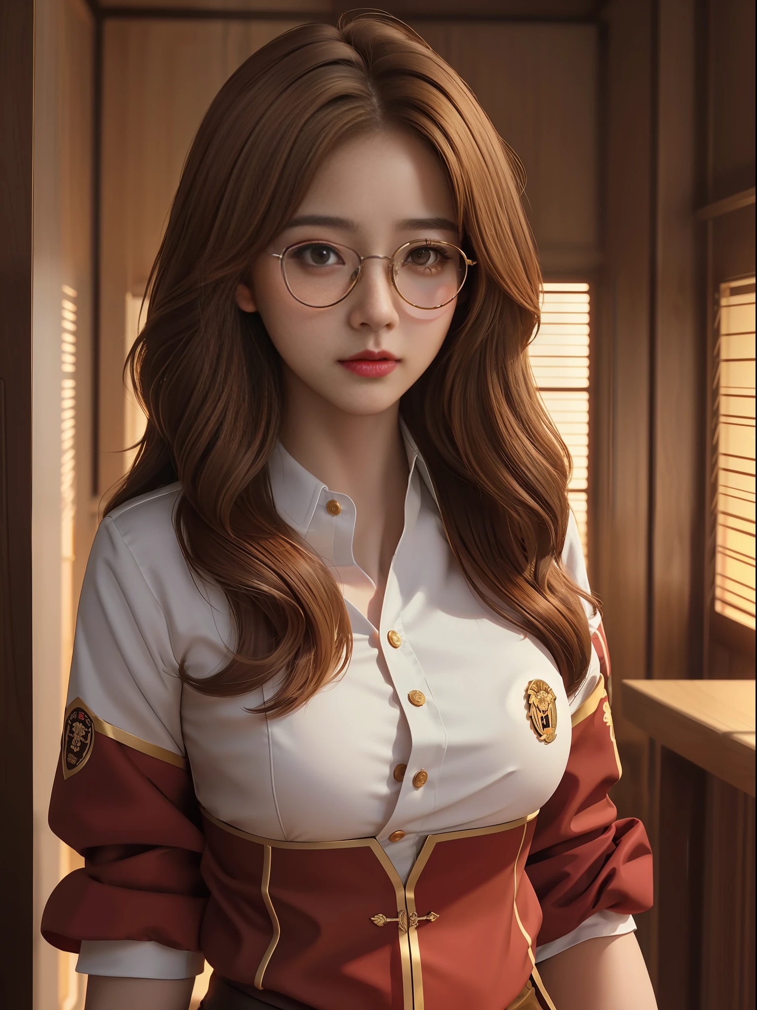 Best quality, masterpiece, ultra high resolution, eye-catching, 1girl, cinematic lighting, golden brown hair, 8k4k, text, logo png | Red eyes, mono, big breasts, round glasses, mahalai uniform