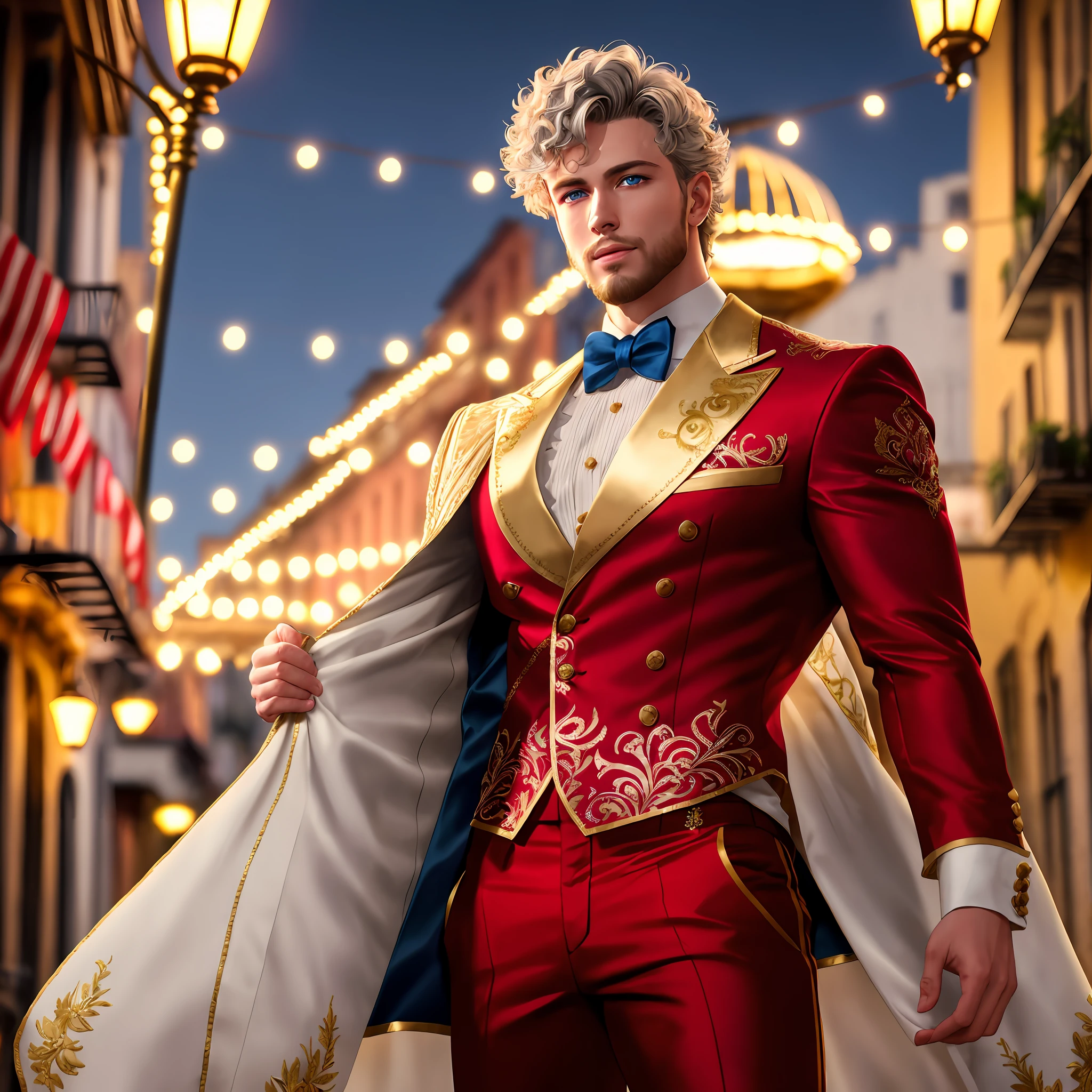 Outdoors, 25-year old muscular male, gold silk tailcoat with magnolia embroidery, dark red pants, magnolia in button-hole, blue eyes, glowing eyes, short curly blonde hair, short beard, grey skin, New Orleans bourbon street, night, 8k, Unreal engine, highly detailed, photorealistic,