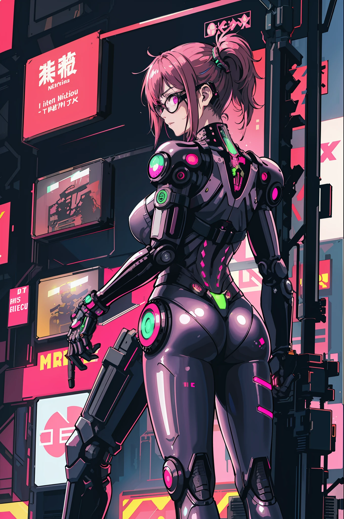 1girl, medium plane, intricate details, (cyberpunk:1.4), (from behind), mechanical arms, glasses, messy hair, (shiny neon armor:1.2), machines, black background, big, pink hair, curvy girl but fit, a gun in her hand, (lasers)