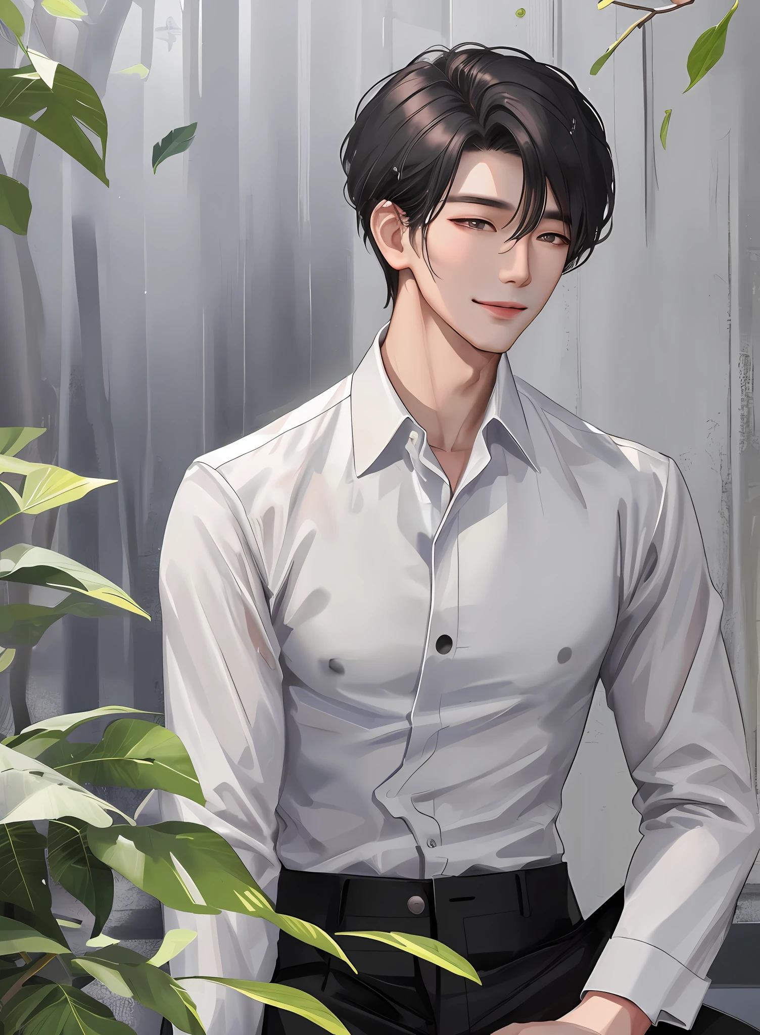 masterpiece, best quality, realistic, 1man, male focus, tall, handsome, smile, closed mouth, white shirt and black pants, portrait, extremely detailed face, monsoon season,korean face, idol face, sharp eyeline, short gray hair, dramatic lightning, foggy background with mapel leaves,