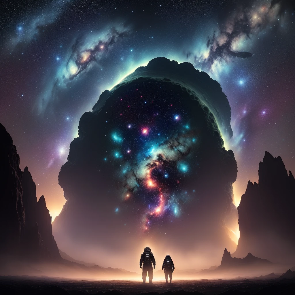 Huge, covering the whole space, huge monsters, weird, indescribable, starry sky, in space, nebulae, galaxies, stars, stars, planets, darkness, eerie, terrifying, foggy, looming