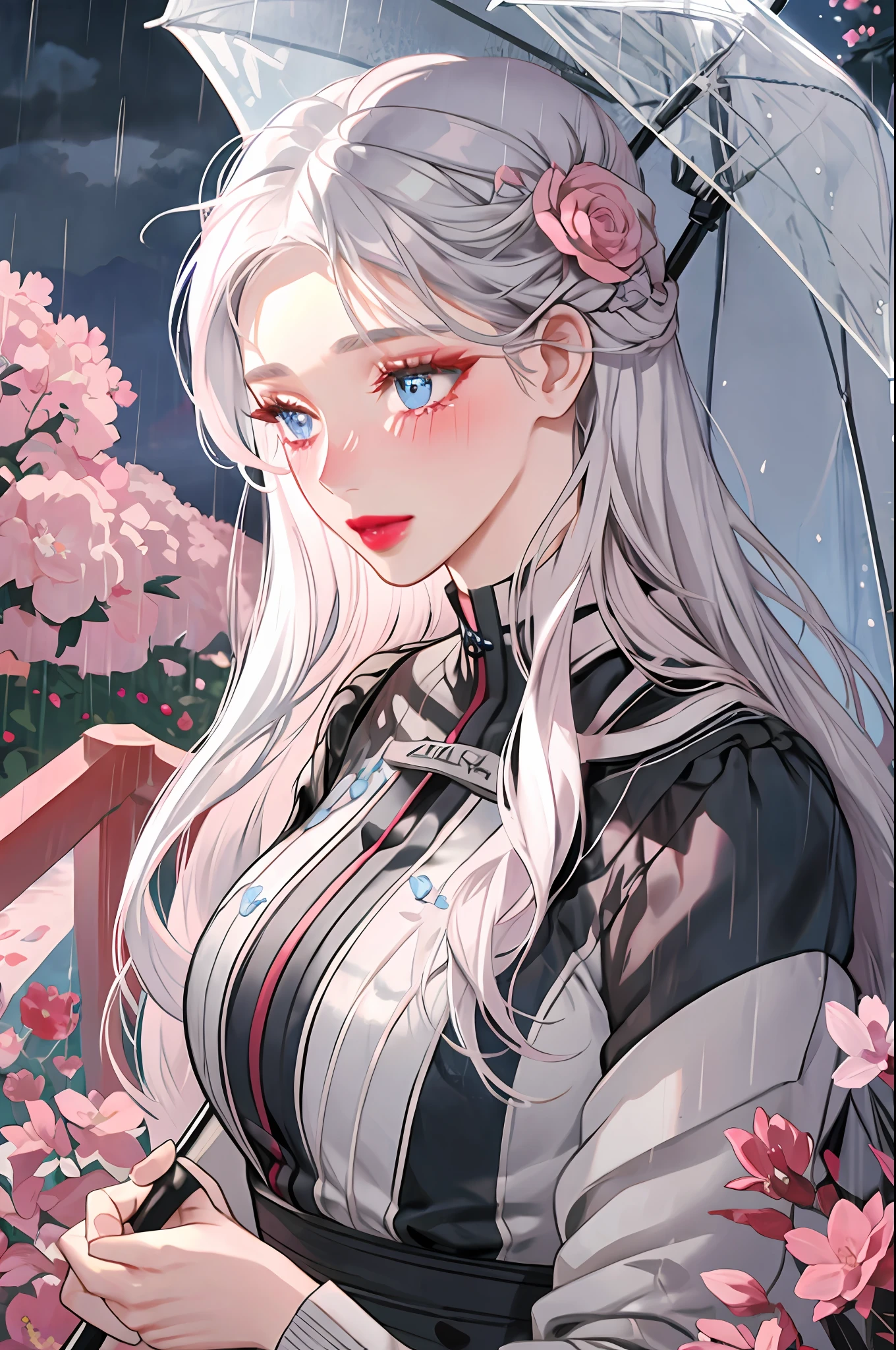 silver-haired girl holding an umbrella in the rain, blue eyes, shy look, red lips, blushing, pink flower garden in the background, shy look,