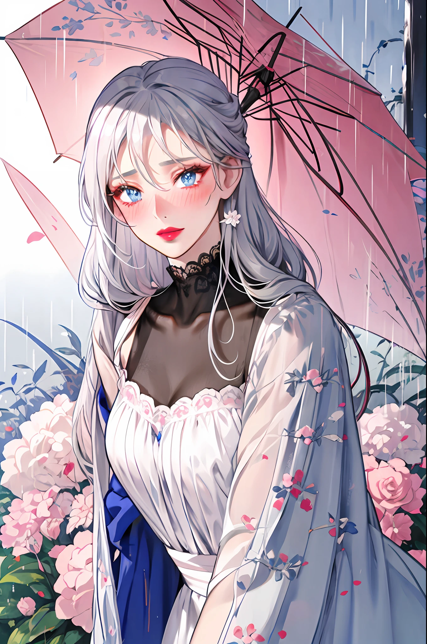 silver-haired girl holding an umbrella in the rain, blue eyes, shy look, red lips, blushing, pink flower garden in the background, shy look,