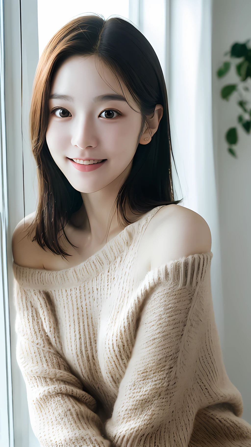 realistic photos of (1 cute Korean star) Shoulder-length hair, thin makeup, medium breasts size, slightly smile, sweater, sitting beside the window, selfie, clear facial features, sharp and realistic details, glowing light, super detail, high quality, best quality, 8k, 16k