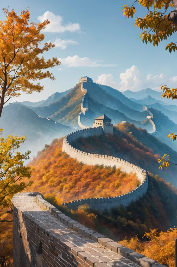 Absurd, high quality, extremely fine, artwork, brushstrokes, Chinese painting, magnificent, great wall, autumn, sun
