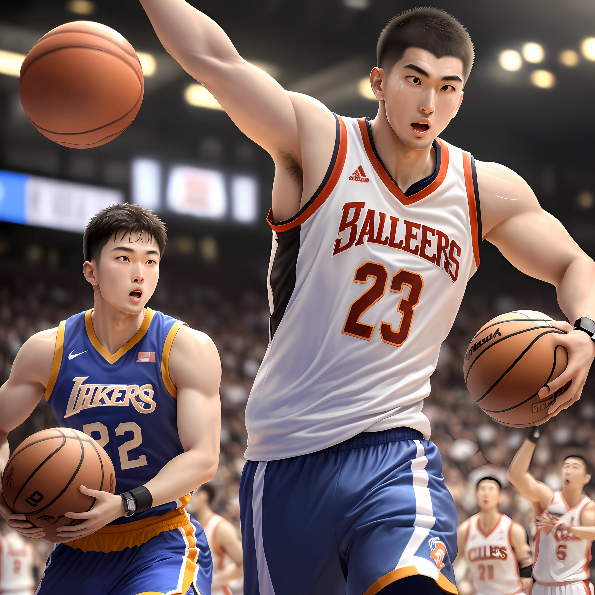 ((handsome, sunny, muscular Chinese basketball player)), (clear muscle lines, real skin touch), (sweaty sweat, wearing a loose jersey, wearing a sports bracelet, watch, tattoo, running on the basketball court), (waving half-sleeved arms, sweat gradually soaks the jersey as the basketball throws, dribbles, bounces), (the sound of basketballs flying back in the stadium, the sound of basketball boards vibrating due to dribbling or pitching)