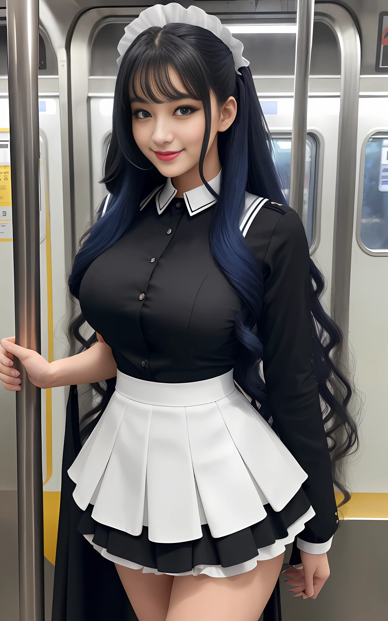 Image of 16k, beautiful maid in black costume with white skirt half white, clothes very tight on the body, long blue hair curly, within a meter full of men looking at her uniform, she is happy and keeps showing off inside the subway.