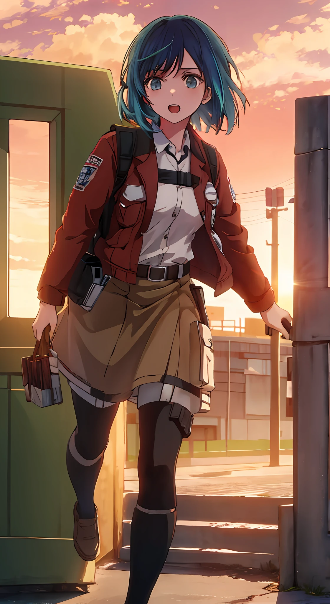 1girl, solo, Attack on Titan uniform , bangs,happy,posing, multicolored hair, red sky background , (masterpiece:1.2), highres, best quality, 8k, Titans running in background