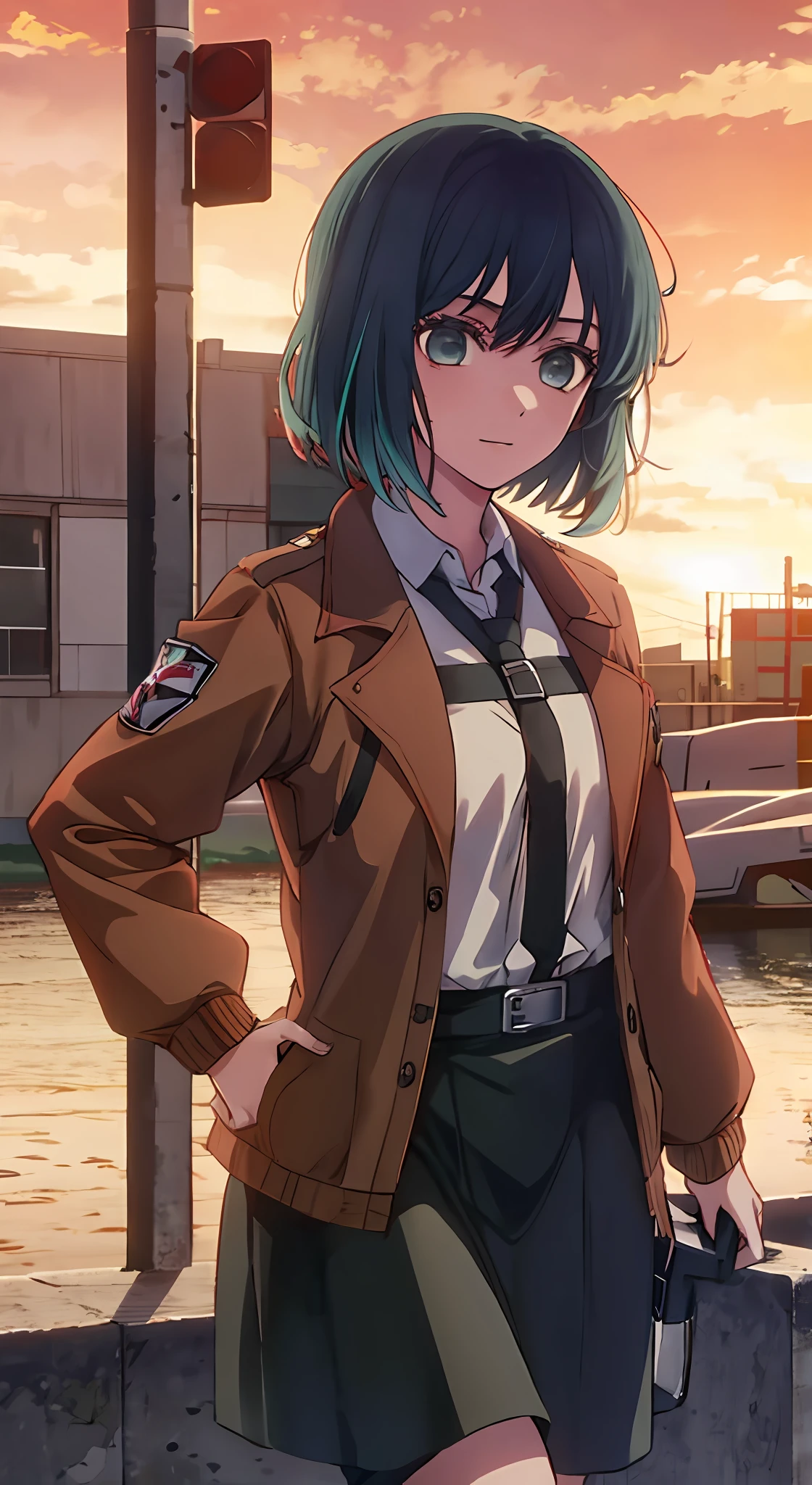 1girl, solo, Attack on Titan uniform , bangs,happy,posing, multicolored hair, red sky background , (masterpiece:1.2), highres, best quality, 8k, Titans running in background