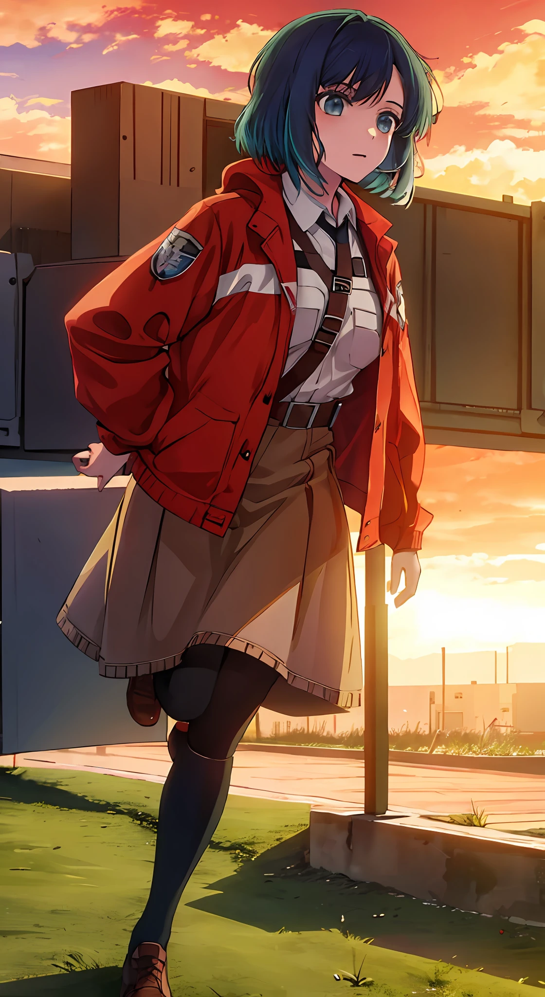 1girl, solo, Attack on Titan uniform , bangs,happy,posing, multicolored hair, red sky background , (masterpiece:1.2), highres, best quality, 8k, Titans running in background