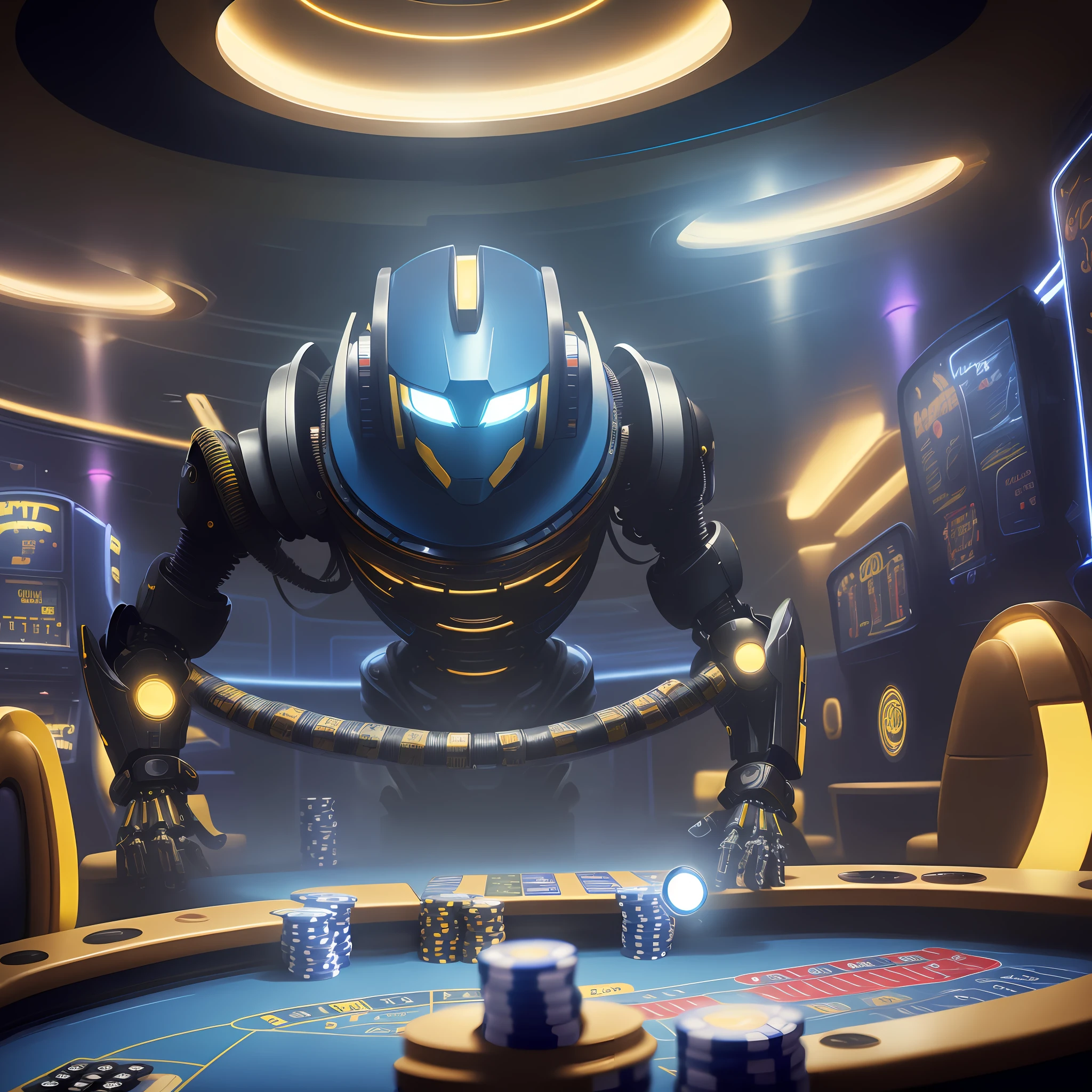 futuristic robot, blue yellow robot, playing casino, casino roulette, casino chips falling around, money on table, big table, black table, casino background, with deck, casino background with low lighting, red table