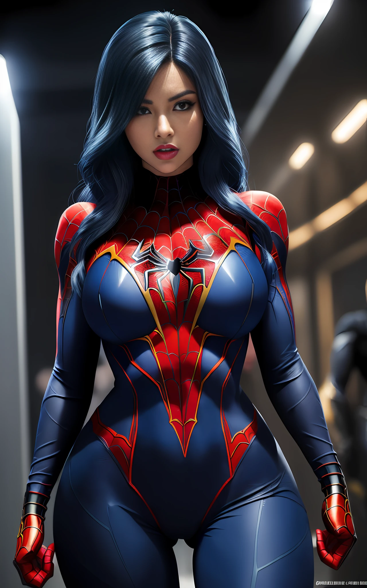 16k image, gorgeous (Woman/Spider-Man/Batman/Samus Aran), tight outfit on body, long curly blue hair, within a meter, all the men are looking at her, she's furious and threatening the men inside mine.