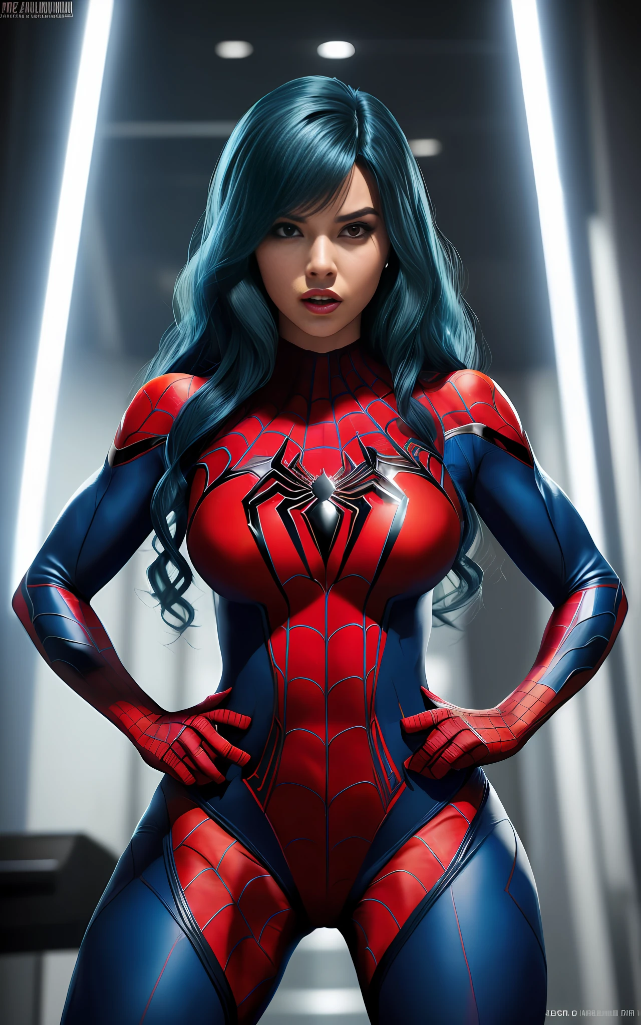 16k image, gorgeous (Woman/Spider-Man/Batman/Samus Aran), tight outfit on body, long curly blue hair, within a meter, all the men are looking at her, she's furious and threatening the men inside mine.