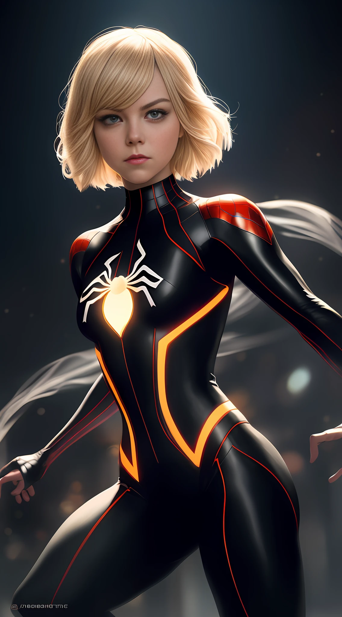 **Emma stone, Gwen Stacy on spider verse, spider-man on spider back, white and black costume, pale skinny white, lob hair, ombre hair, modern hair cut bob short, wavy hair, dark to blonde hair, (night town background), spider and webs, full body, dynamic pose, beautiful body structure covering, hyper-detailed painting, luminism, bar lighting, complex concept art portrait and 4k resolution by Greg Rutkowski,   Artgerm, WLOP, Alphonse Mucha, small fusion realistic pojatti, isometric details bioluminescens fractals : an impressive realistic photograph, acrobatic pose, squat, bright costume,
