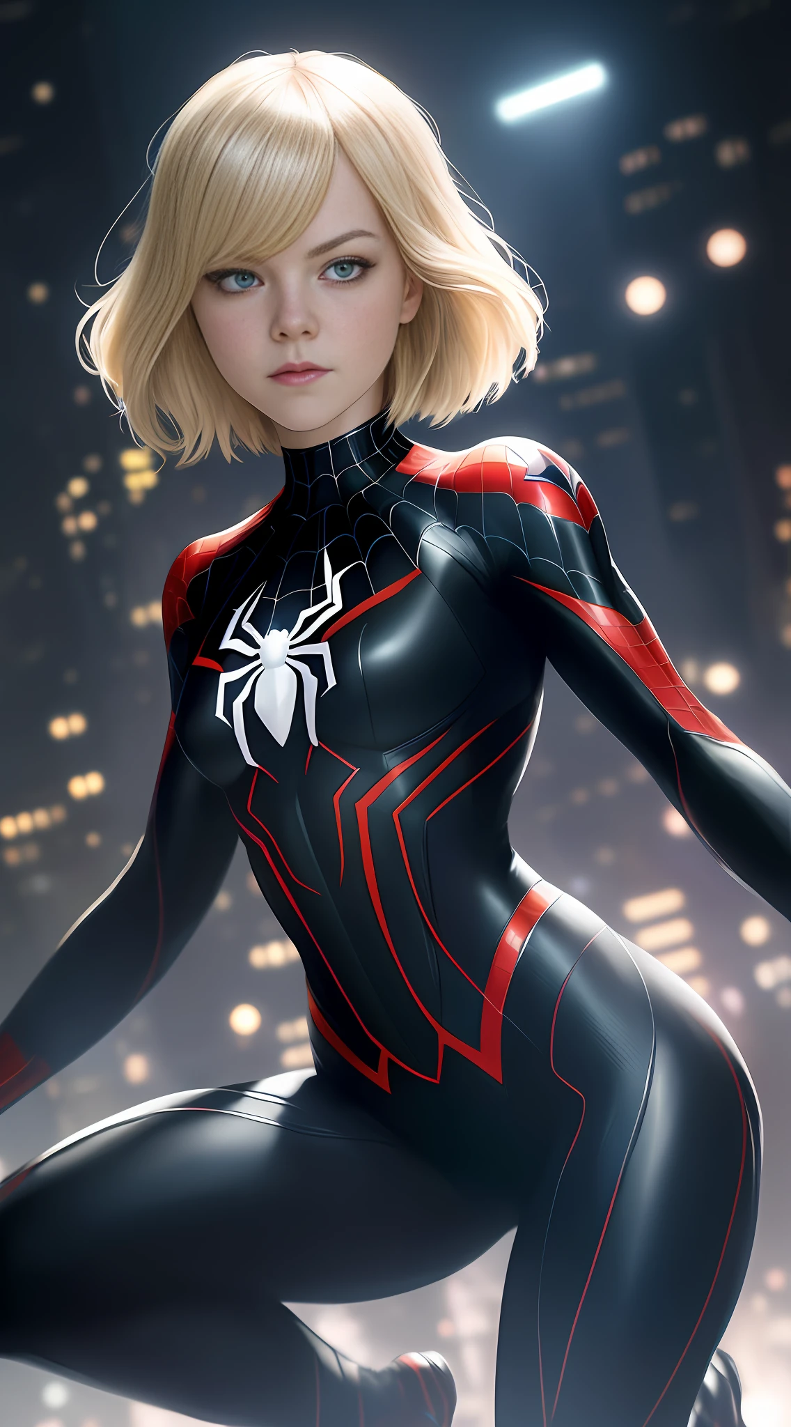 **Emma stone Gwen, Stacy on spider verse, spider-man on spider back, white and black costume, young pale thin white girl, lob hair, ombre hair, modern hair cut bob short, wavy hair, dark to blonde hair, (night town background), spider and webs, full body, dynamic pose, beautiful body structure covering, hyper-detailed painting, luminism, bar lighting, complex concept art portrait and 4k resolution by Greg Rutkowski, Artgerm, WLOP, Alphonse Mucha, small fusion realistic pojatti, isometric details bioluminescens fractals : an impressive realistic photograph, acrobatic pose, squat, bright costume,