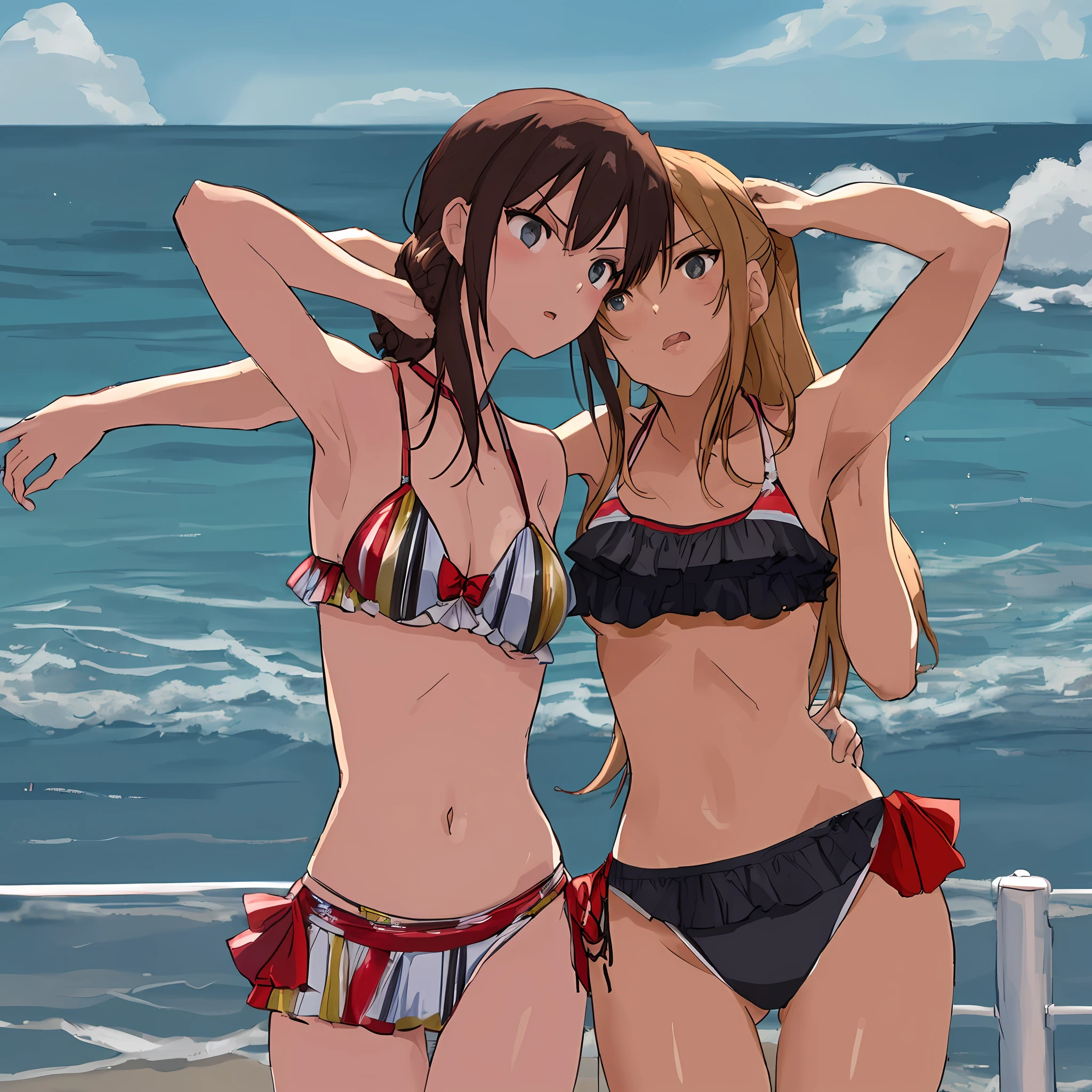 Two bikini women glaring at each other on the ring, rival, rugged, close range