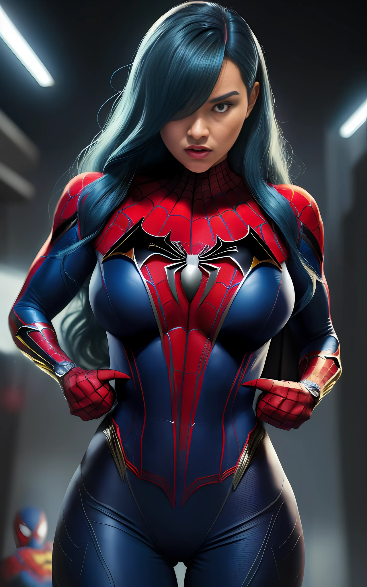 16k image, ((Belicima Woman/Spider-Man/Batman/Samus Aran)) , tight clothing on the body, long curly blue hair, within a meter, all the men are looking at her, she is furious and threatening the men inside mine.