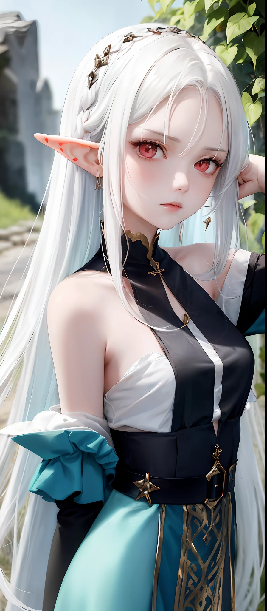 Portrait of beautiful girl looking at viewer, pale skin, long white hair, red eyes, annoyed expression, elf ears, off-shoulder flowing blue clothes, slender, parted bangs, stone buildings in background