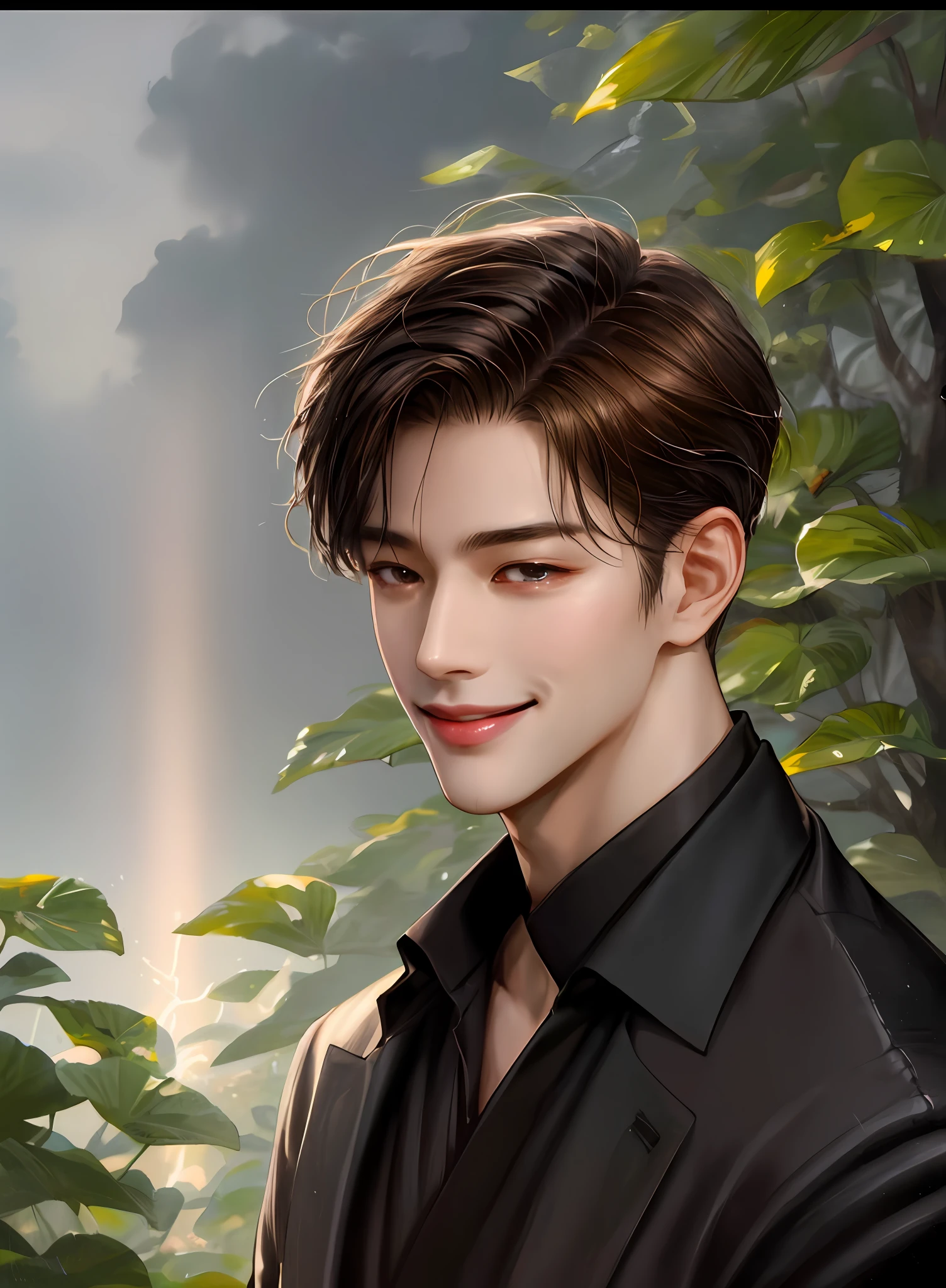 masterpiece, best quality, realistic, 1man, male focus, tall, handsome, smile, closed mouth, red shirt and black pants, portrait, extremely detailed face, monsoon season,korean face, idol face, sharp eyeline, short brown hair, cinematic lightning, foggy background with mapel leaves, thin man , mapel forest