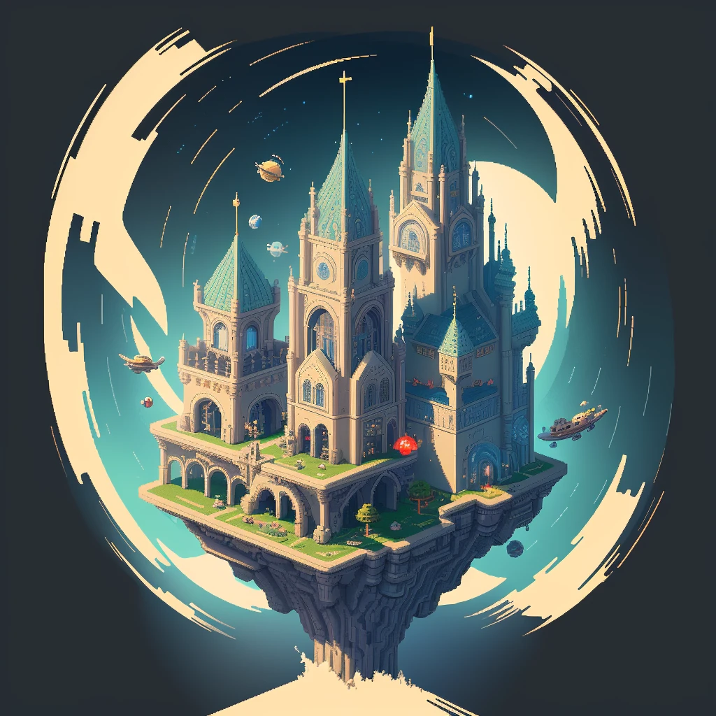 Yihi\'s Space Castle + pixel art + pixel art style + cover art style + award winning ilustration