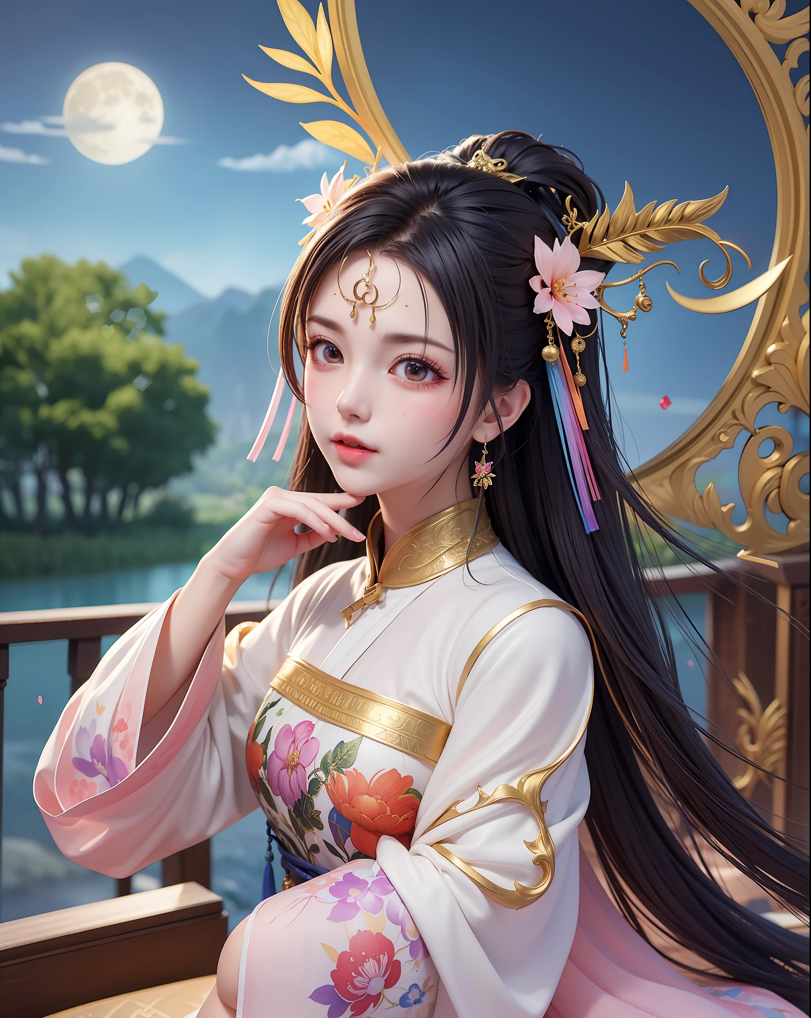 (8k, RAW photo:1.2),best quality, ultra high res,dramatic angle,(fluttered detailed color splashs), (illustration),(((1 girl))),(long hair),(rain:0.9),(hair ornament:1.4),there is an ancient palace beside the girl,chinese clothes,(focus on), color Ink wash painting,(color splashing),colorful splashing,(((colorful))),(sketch:0.8), Masterpiece,best quality, beautifully painted,highly detailed,(denoising:0.6),[splash ink],((ink refraction)), (beautiful detailed sky),moon,highly,detaild,(masterpiece, best quality, extremely detailed CG unity 8k wallpaper,masterpiece, best quality, ultra-detailed),(Lycoris radiata),