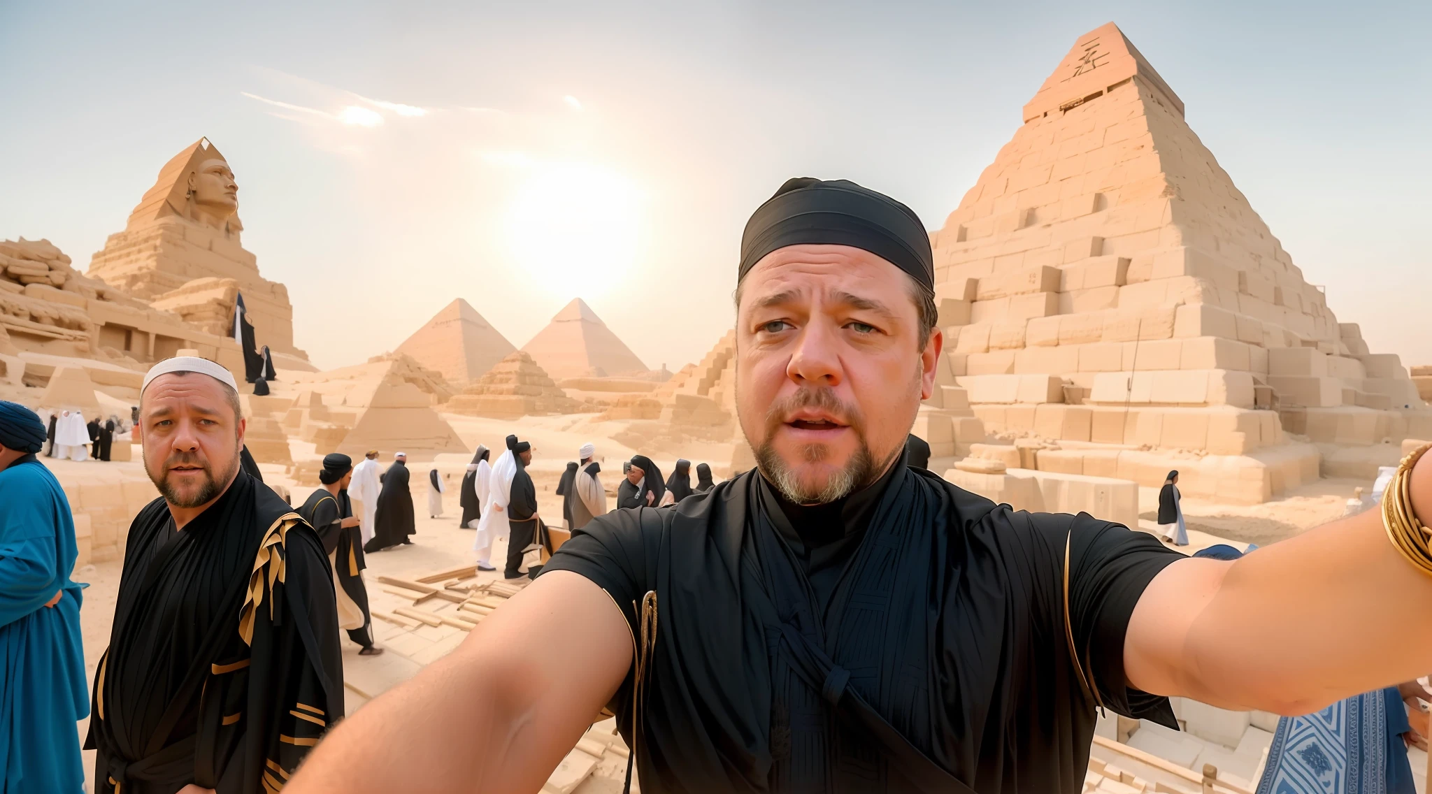 RAW photo, a selfie portrait photo of 33-year-old russell crowe with black hair, (wearing Muslim robes)), slim body, Cheops pyramid being built in the background, (highly detailed skin: 1.2), 8k uhd, dslr, cinematic lighting, high quality, film grain, cinematic rendering, intricate