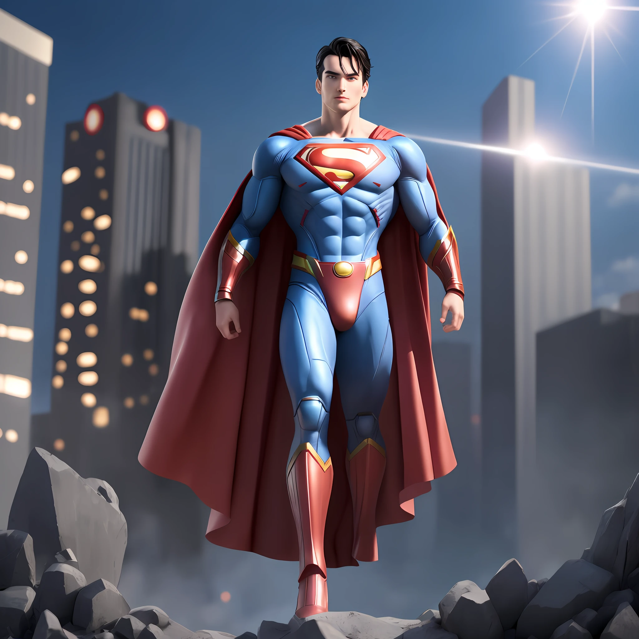 (detailed description) (best quality) superman-style hero, on top of building, full body, include feet too, advanced cybernetic uniform, movie scene