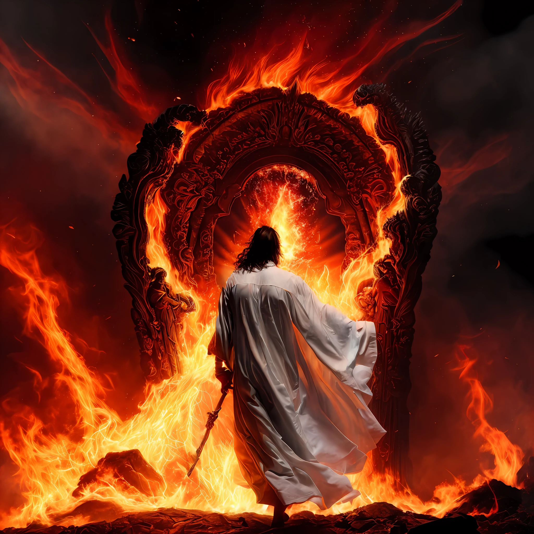 Masterfully captured with a Canon EOS 5D Mark IV, a grand tableau of cosmic struggle. Centered is a man in a white robe (profoundly detailed texture:1.3), illuminated brilliantly against the stark contrast of the scene. To his side, a radiant angel in white, inspired by Ahmed Karahisari's unique stylistic artistry (tumblr digital art:1.4). They are positioned within the turbulent battlefield of Heaven and Hell. Hellfire rages in the background, intensifying the dramatic atmosphere, capturing Satan and Jesus Christ in a fierce confrontation. Also featured is the imposing 'Great Door of Hell', a potent symbol of the infernal realm. This epic scene is brought to life through realistic lighting and dynamic shadows, manifesting the holy fire spell art in its raw power.