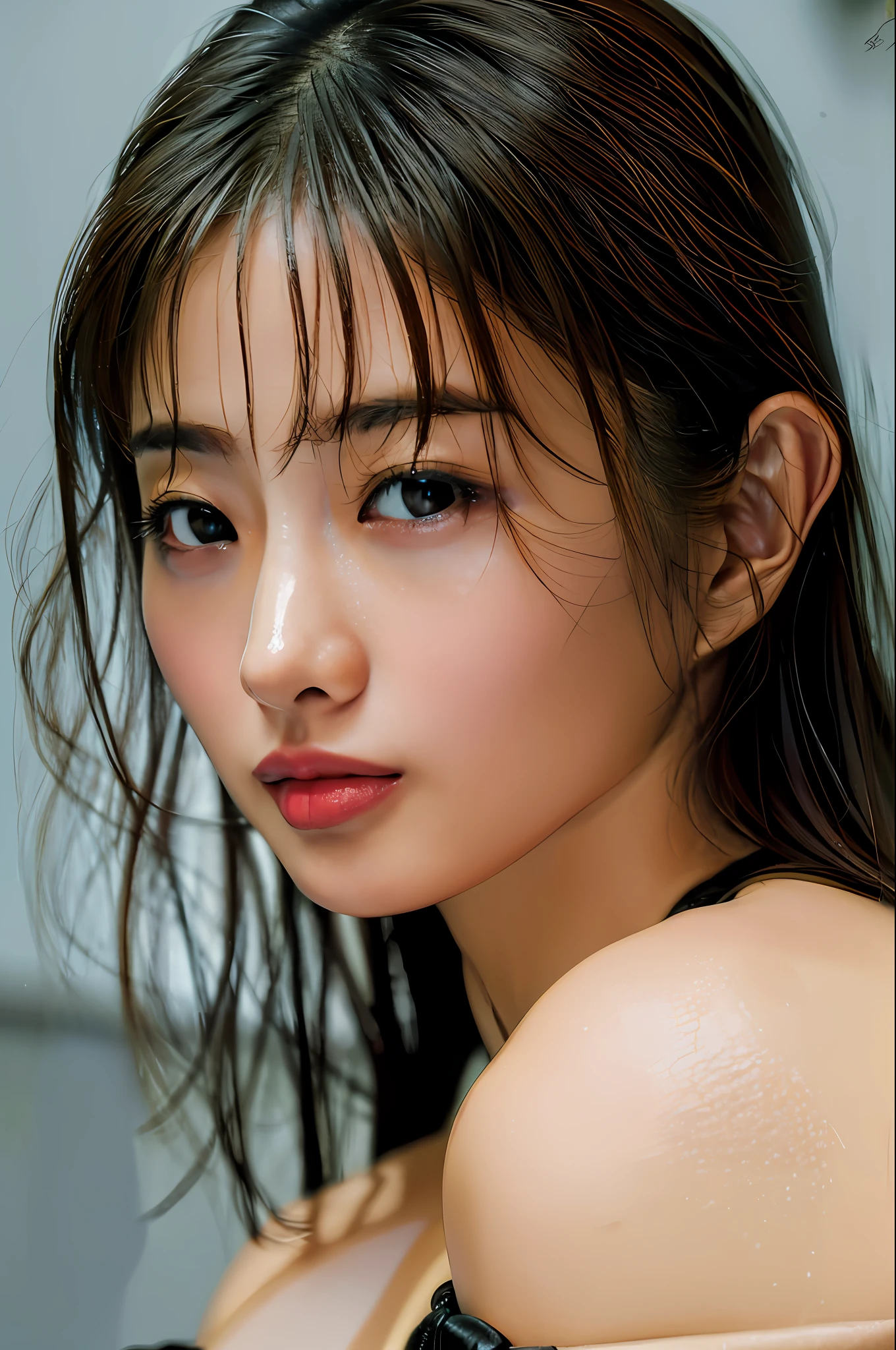 Top Quality, Masterpiece, Ultra High Definition, (Photorealistic: 1.4), Raw Photo, 1 Girl, Blonde, Glossy Skin, WET BODY, Dramatic Lighting, Full Body,, Black Bikini, Colossal,