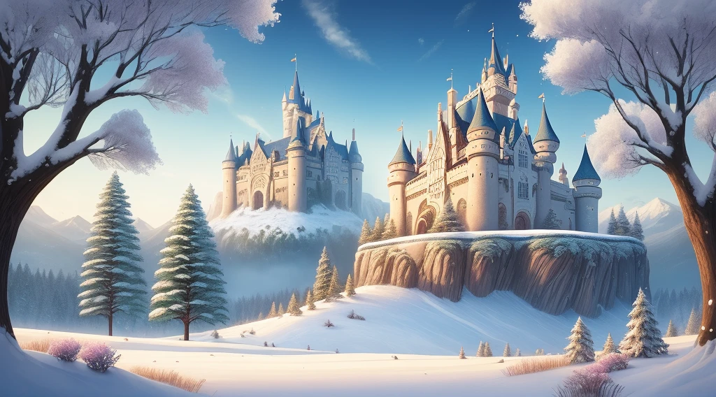 (best quality) children's story setting, with trees, flowers, castle in the background, snow white and the 7 dwarfs