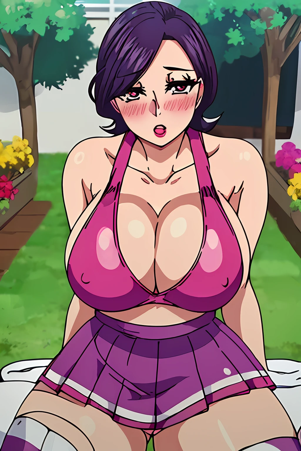 (masterpiece, best quality, semirealistic:1.3), Minako, mature female, (full body shot:1.05), (skirt pulled up:1.2), sitting on chair, cheerleader, 1girls, milf, (curvy:0.8), solo, (blush:1.05), cleavage, short hair, black hair, purple hair, ???? shoulders, clothing cutout, pleated skirt, zettai ryouiki, white thighhighs, shirt, lips, cleavage cutout, ????????????, covered ???????, lipstick, perfect body, perfect eyes, anime eyes, smoky eyeliner, eyeshadow, perfect face, shy, sharp focus, garden, professional artwork, intricate details, colorful, vibrant colors, vivid colors, Diffused lighting, digital blending, ultra detailed body, ultra detail hair, ultra detail face, trending on pixiv,